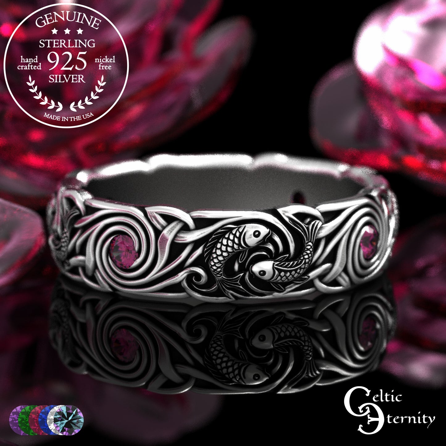 Women's Sterling Japanese Koi Fish Wedding Band with Sapphires, 2098