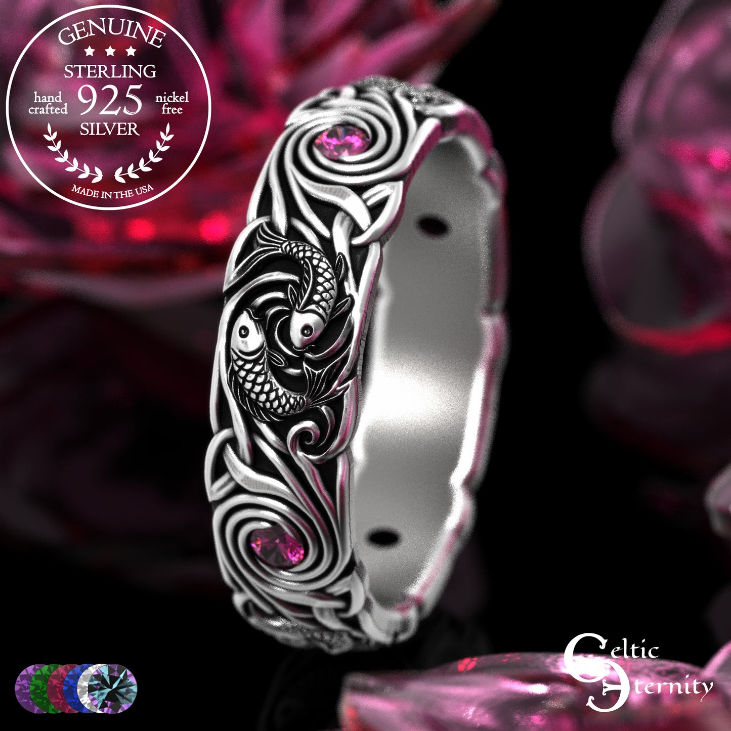 Women's Sterling Japanese Koi Fish Wedding Band with Sapphires, 2098