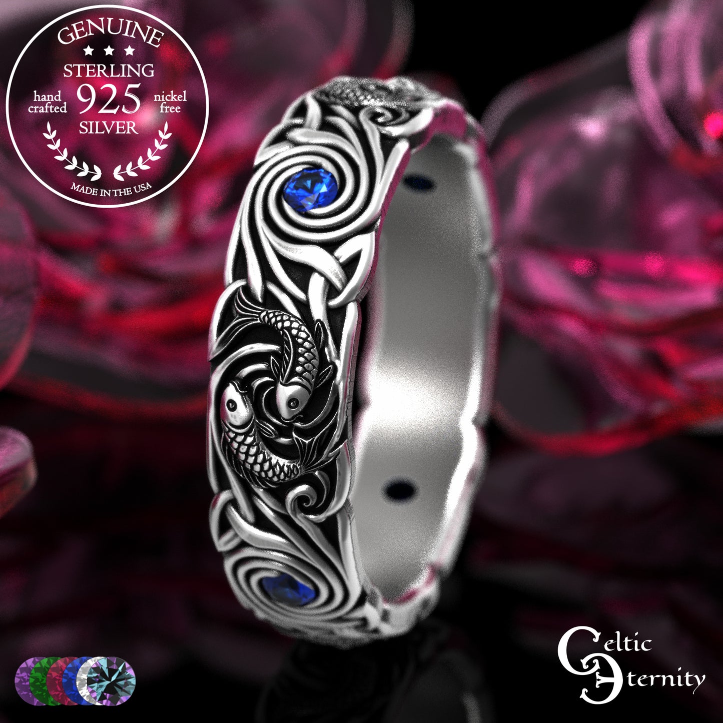 Women's Sterling Japanese Koi Fish Wedding Band with Sapphires, 2098