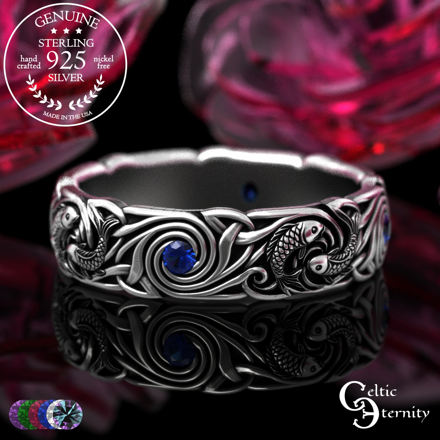 Women's Sterling Japanese Koi Fish Wedding Band with Sapphires, 2098