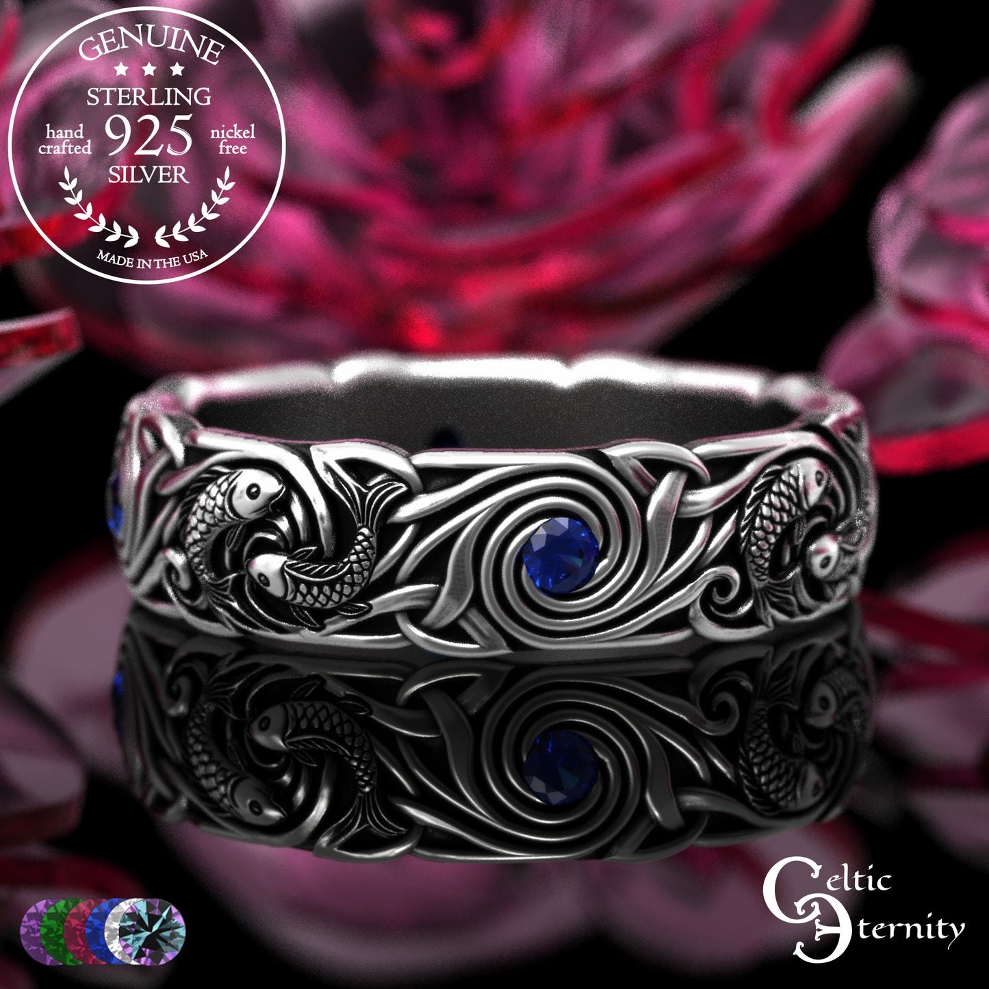 Women's Sterling Japanese Koi Fish Wedding Band with Sapphires, 2098