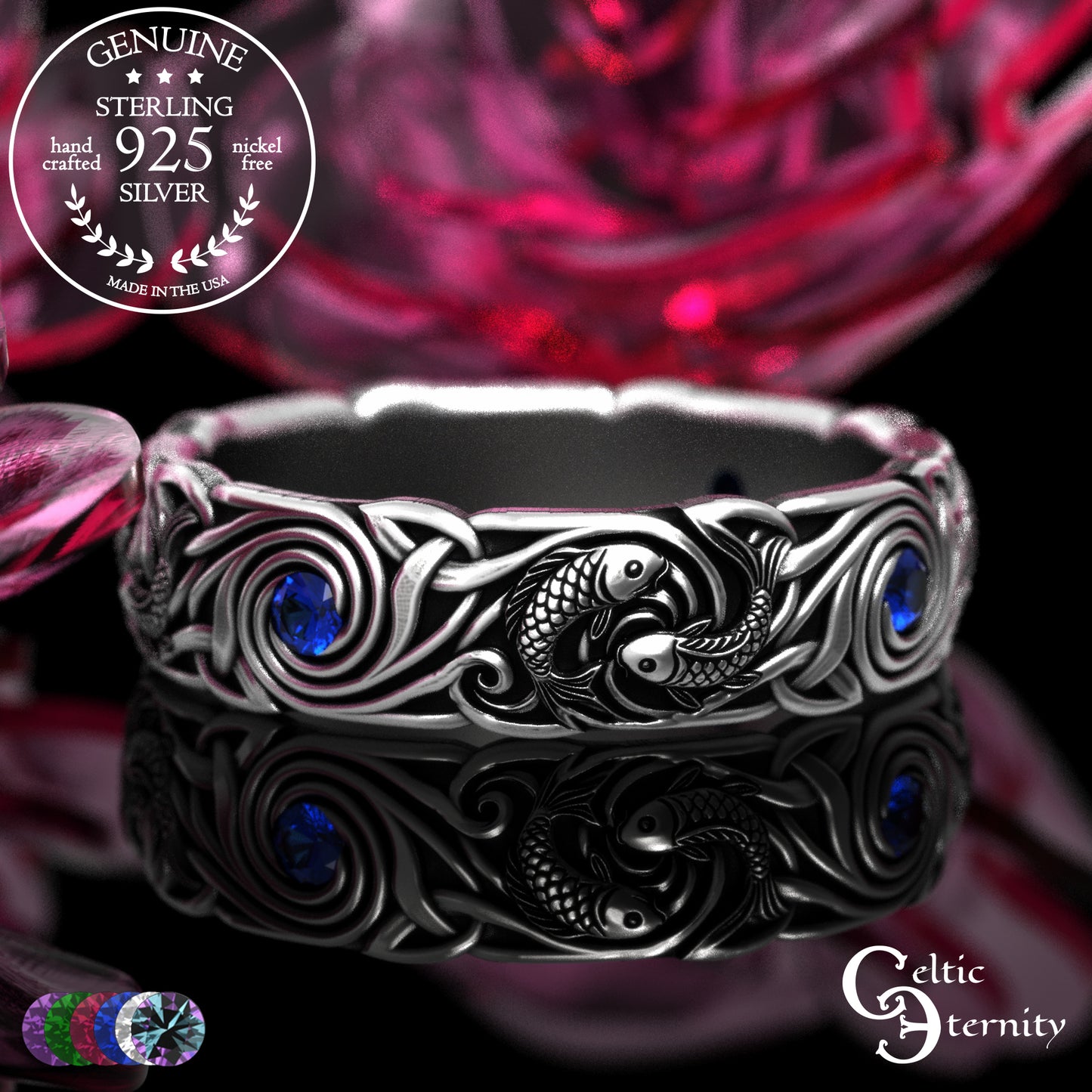 Women's Sterling Japanese Koi Fish Wedding Band with Sapphires, 2098