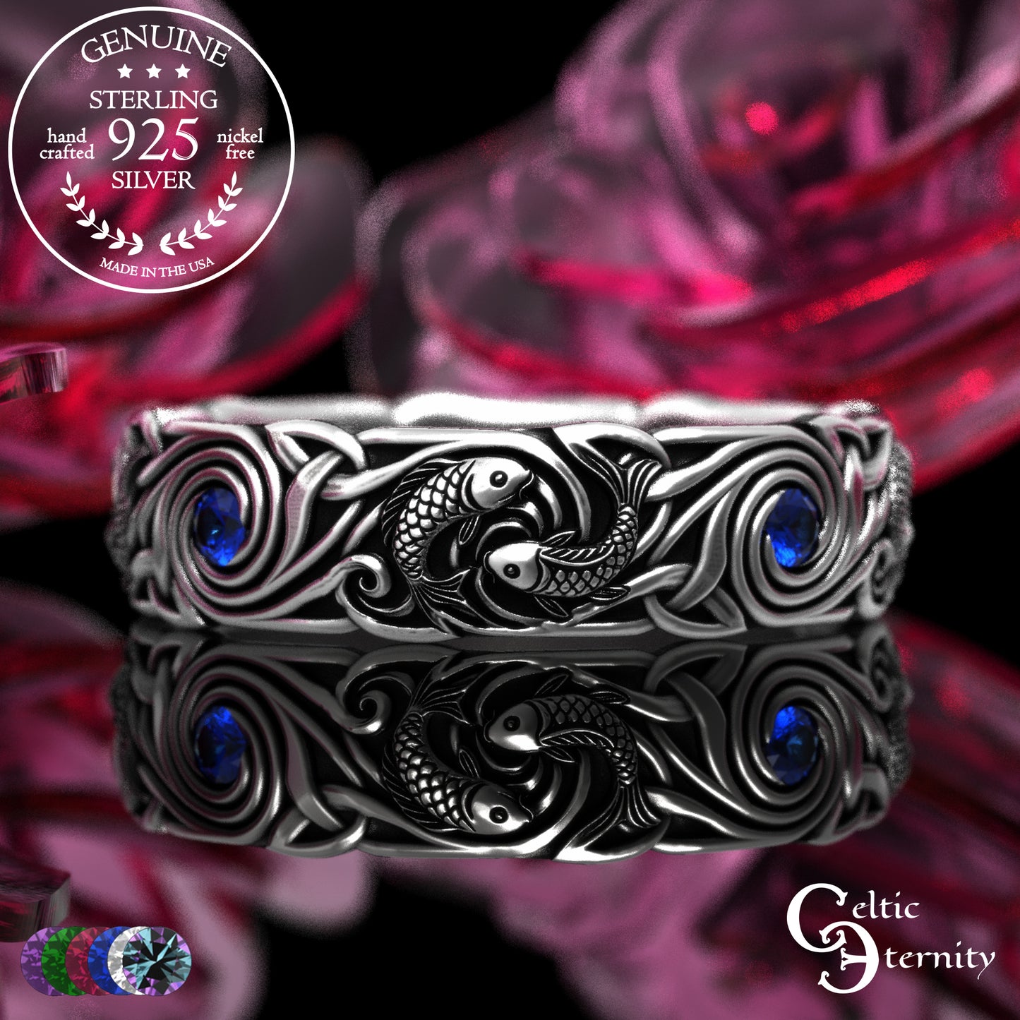 Women's Sterling Japanese Koi Fish Wedding Band with Sapphires, 2098