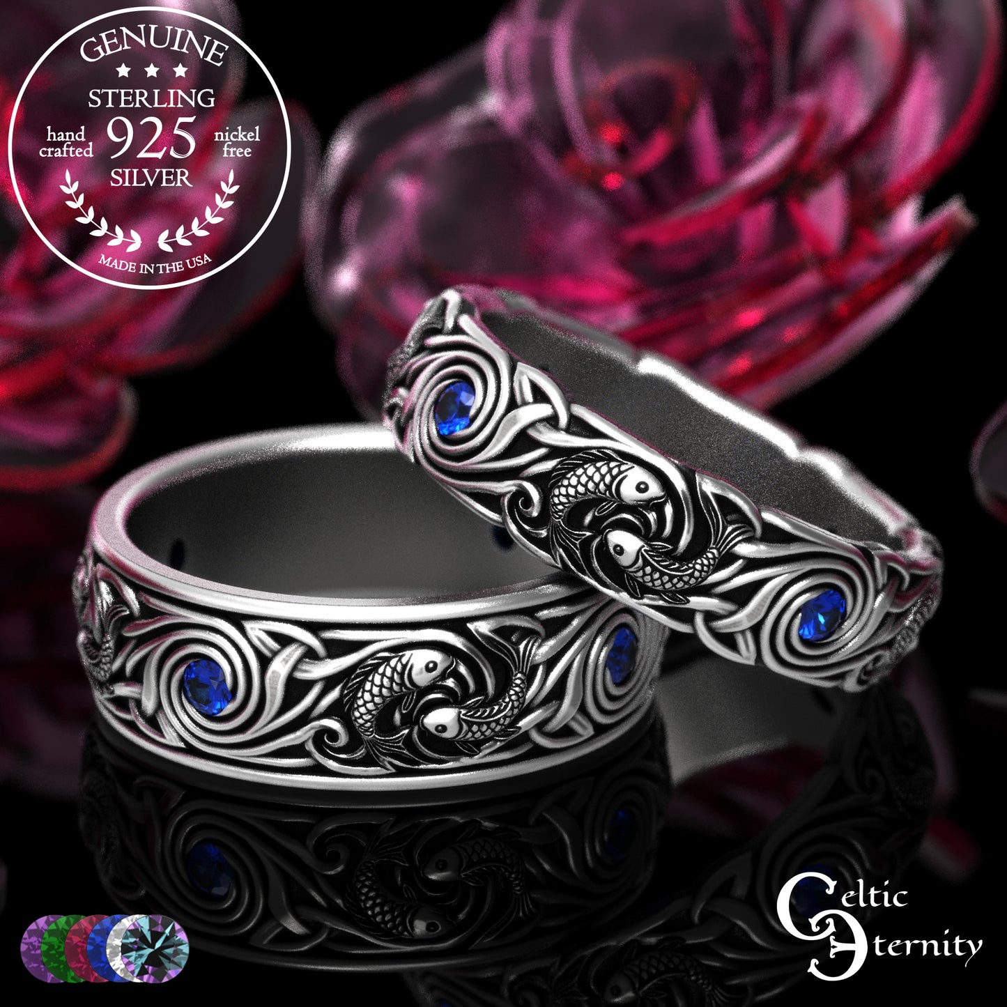Sterling Koi Fish Matching Ocean Wedding Band Set - His & Hers with Sapphire, 2098 2103