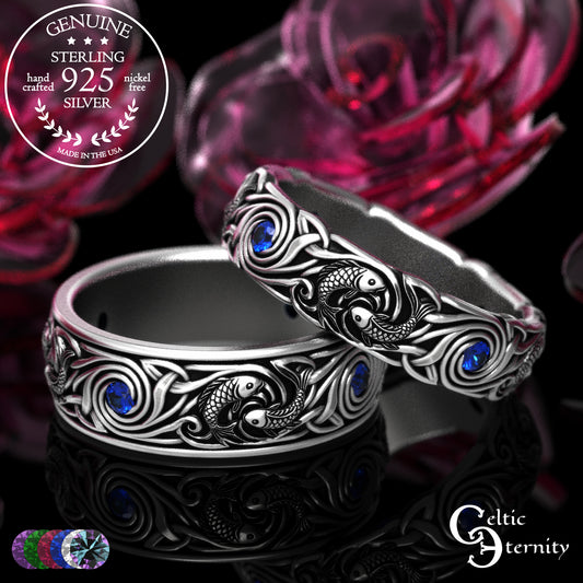 Sterling Koi Fish Matching Ocean Wedding Band Set - His & Hers with Sapphire, 2098 2103