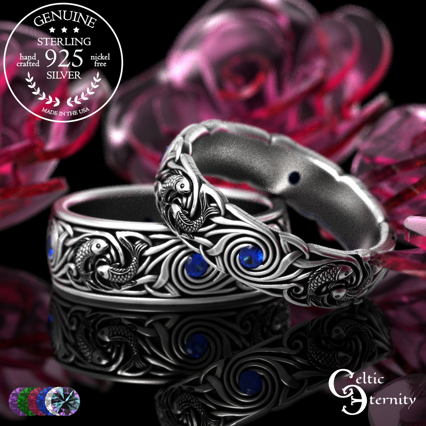 Sterling Koi Fish Matching Ocean Wedding Band Set - His & Hers with Sapphire, 2098 2103