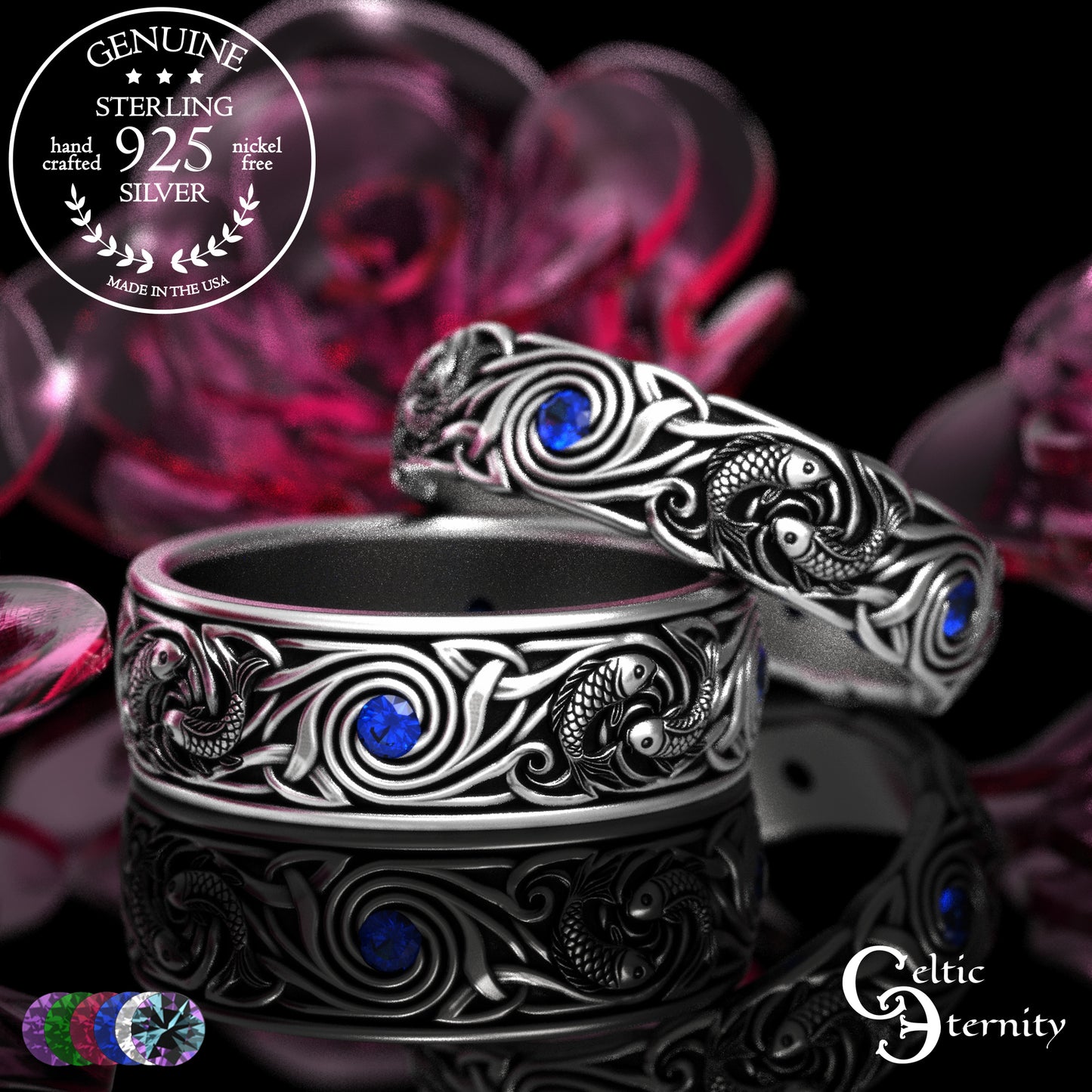 Sterling Koi Fish Matching Ocean Wedding Band Set - His & Hers with Sapphire, 2098 2103