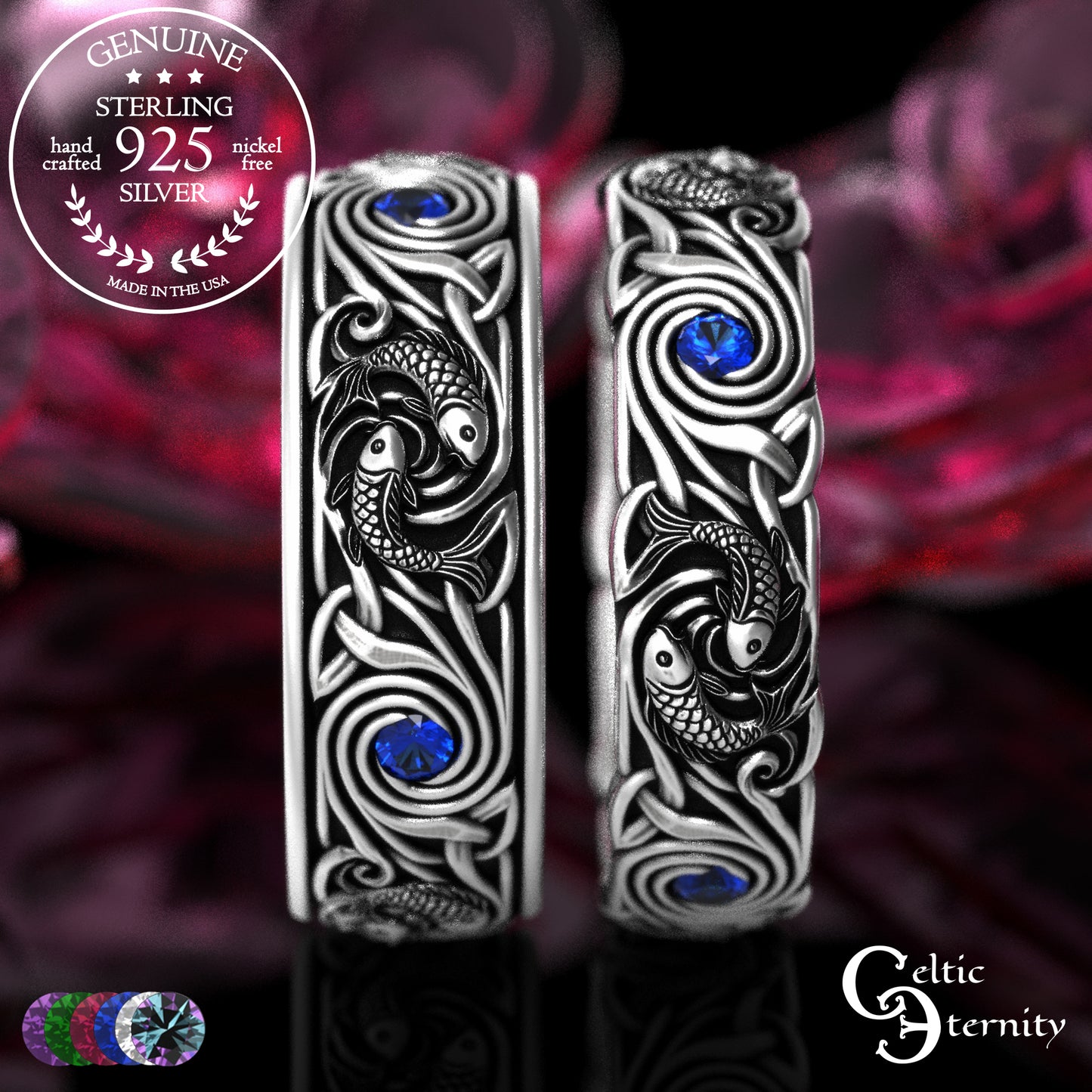 Sterling Koi Fish Matching Ocean Wedding Band Set - His & Hers with Sapphire, 2098 2103