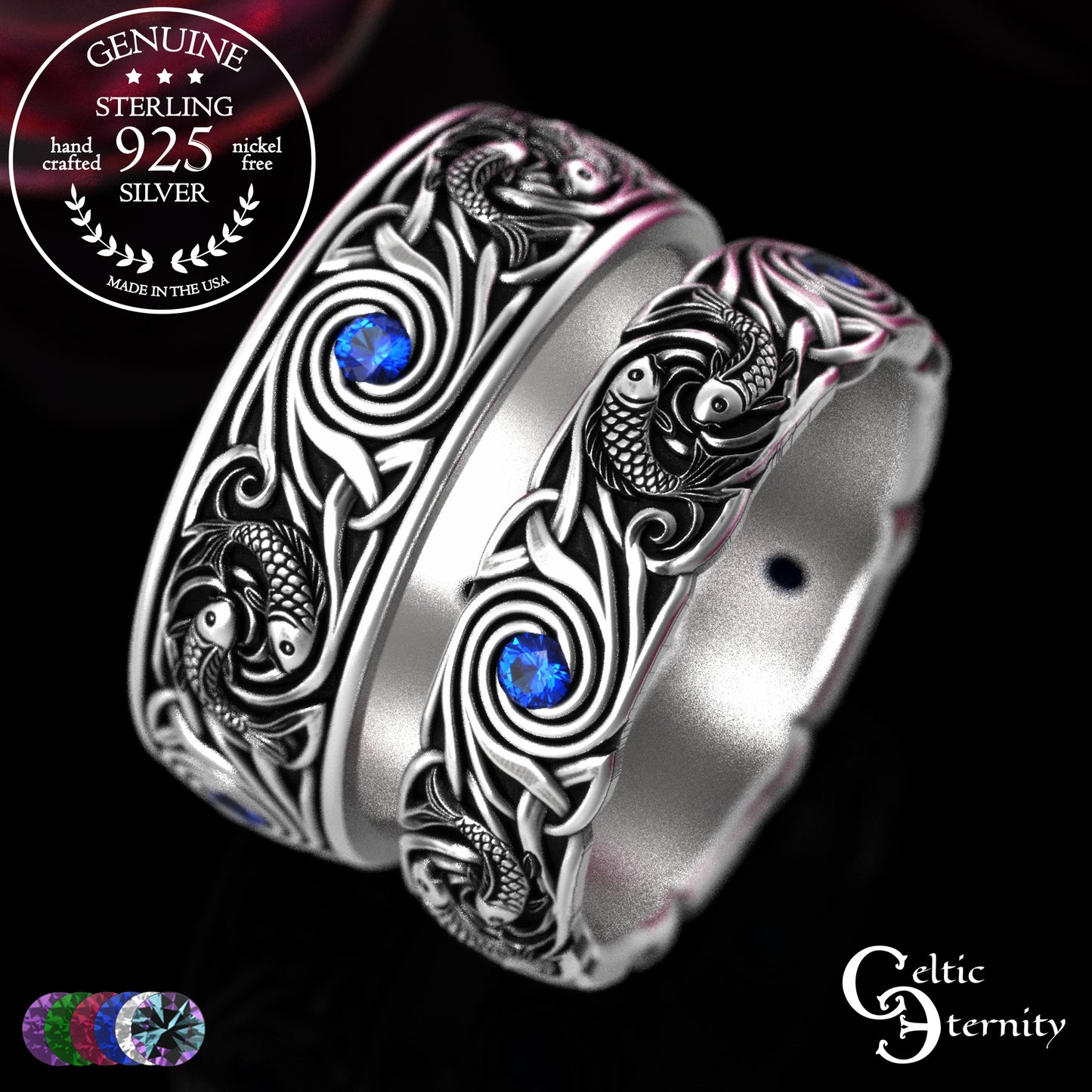Sterling Koi Fish Matching Ocean Wedding Band Set - His & Hers with Sapphire, 2098 2103