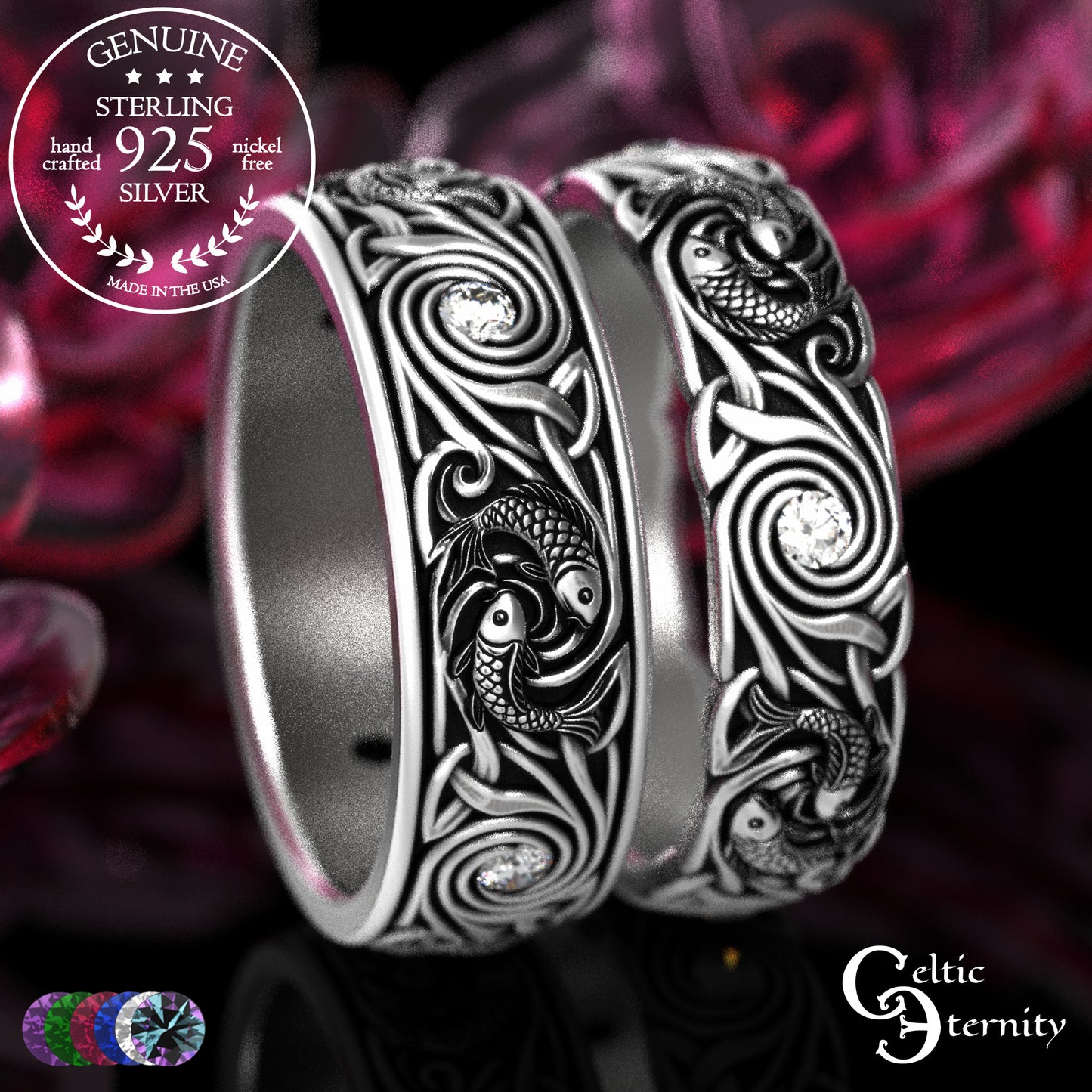Sterling Koi Fish Matching Ocean Wedding Band Set - His & Hers with Sapphire, 2098 2103