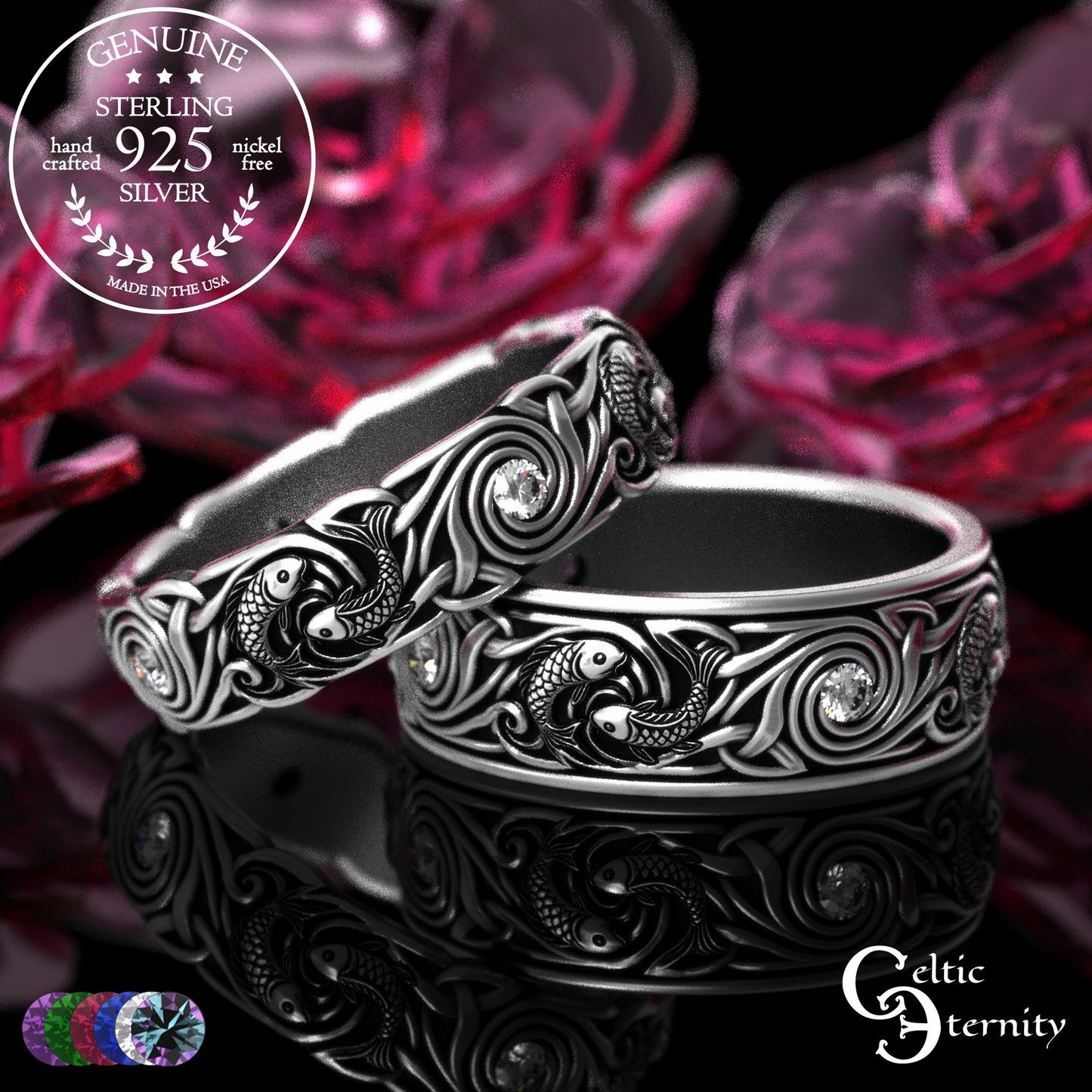 Sterling Koi Fish Matching Ocean Wedding Band Set - His & Hers with Sapphire, 2098 2103