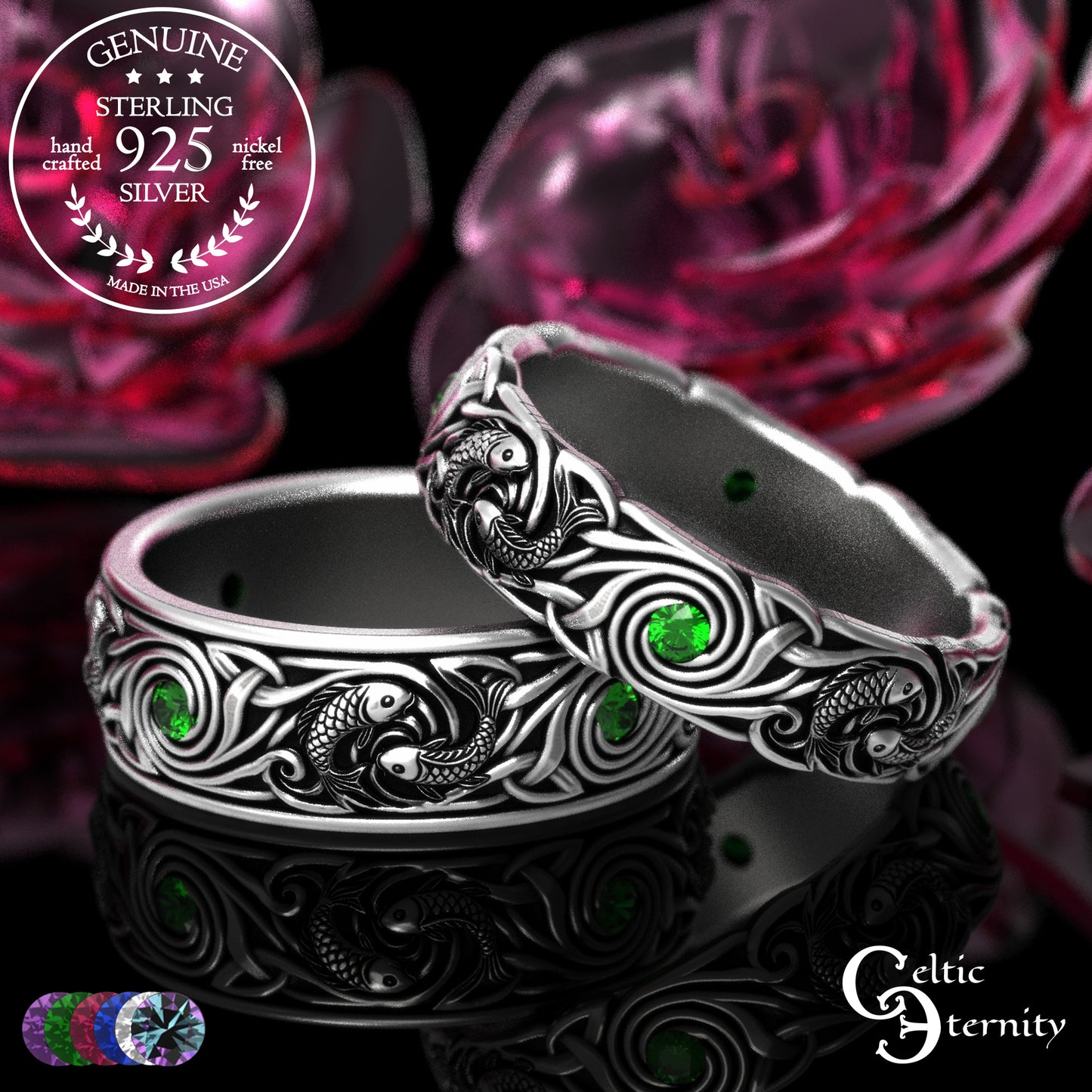 Sterling Koi Fish Matching Ocean Wedding Band Set - His & Hers with Sapphire, 2098 2103