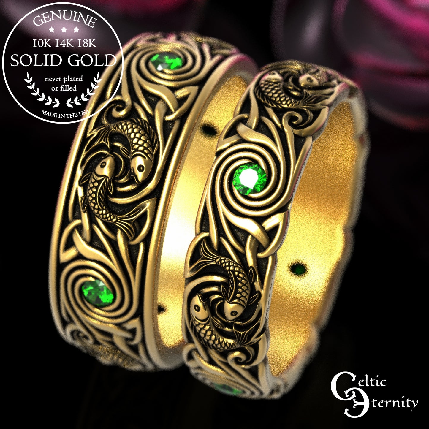 Sterling Silver Men's Koi Fish Wedding Band with Sapphires, 2103