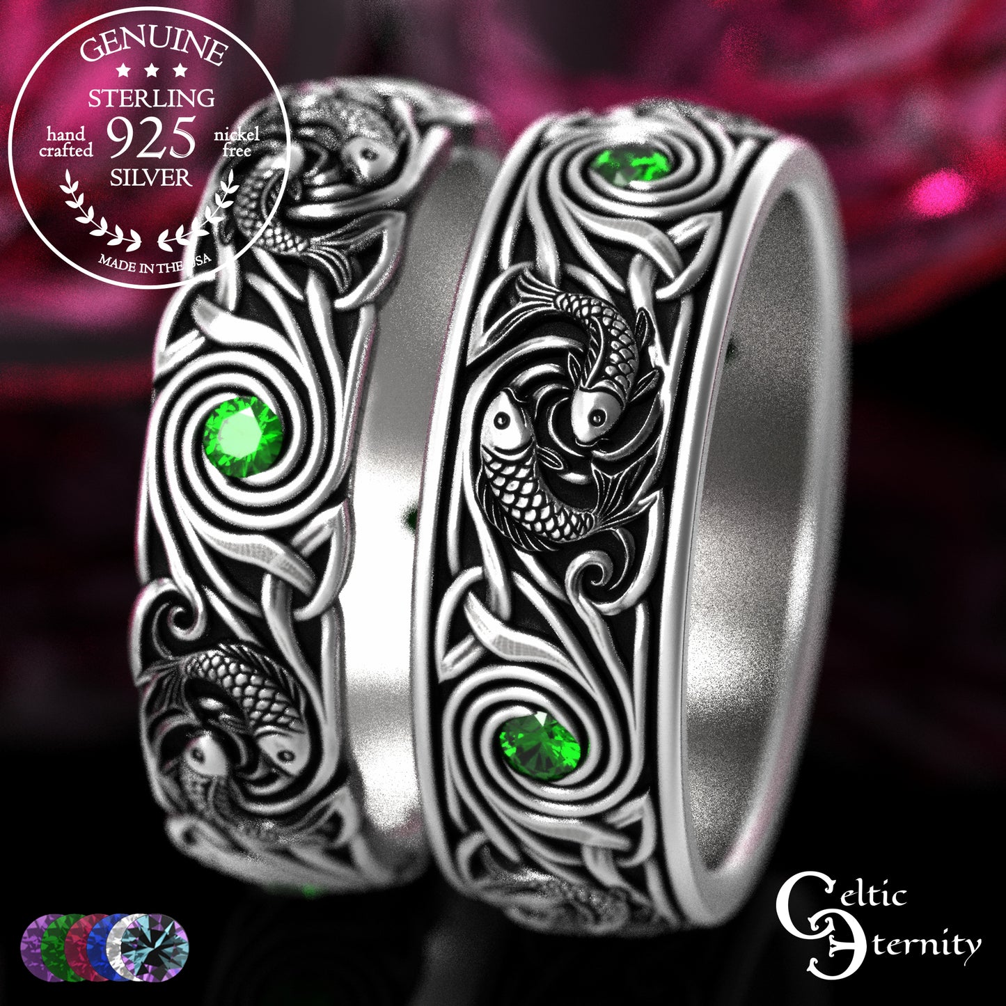 Sterling Koi Fish Matching Ocean Wedding Band Set - His & Hers with Sapphire, 2098 2103