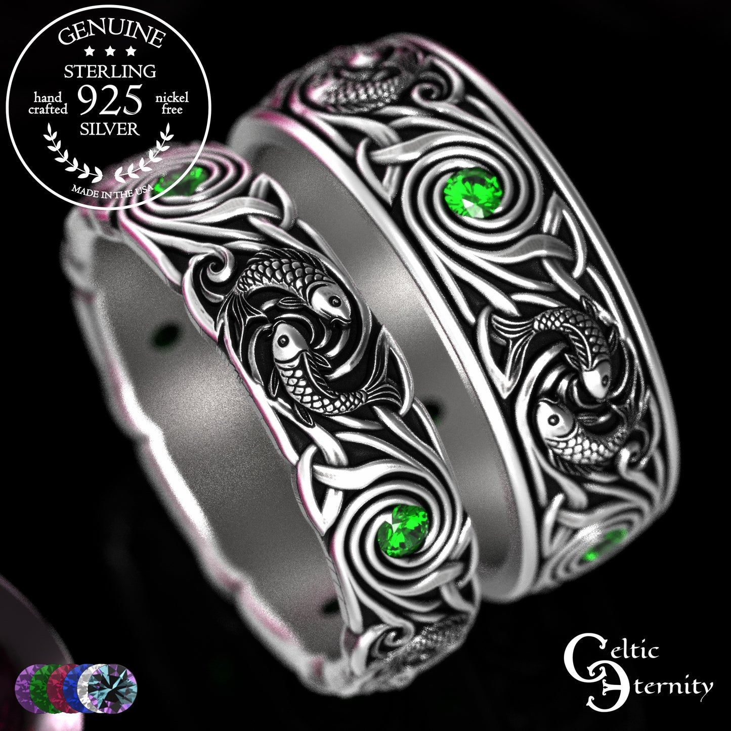 Sterling Koi Fish Matching Ocean Wedding Band Set - His & Hers with Sapphire, 2098 2103