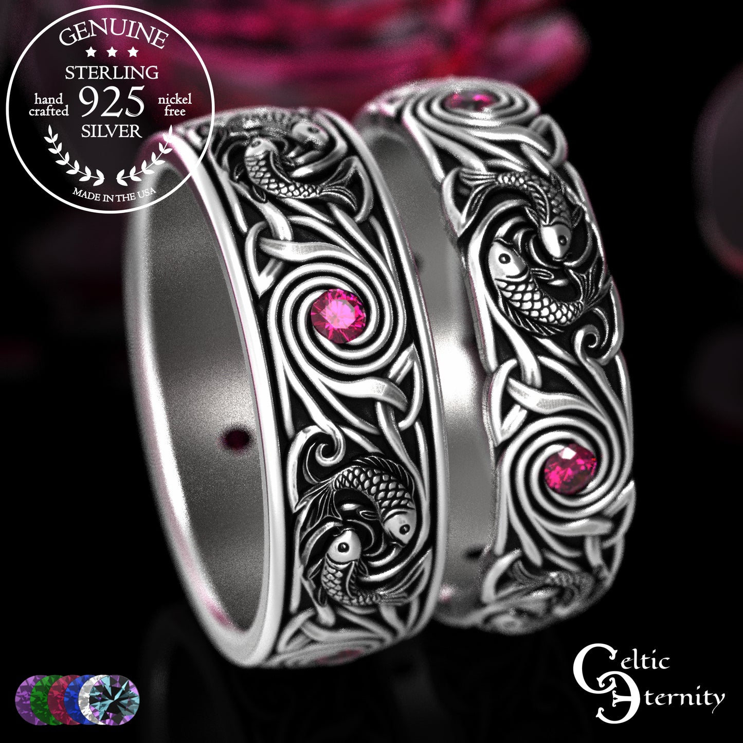 Sterling Koi Fish Matching Ocean Wedding Band Set - His & Hers with Sapphire, 2098 2103