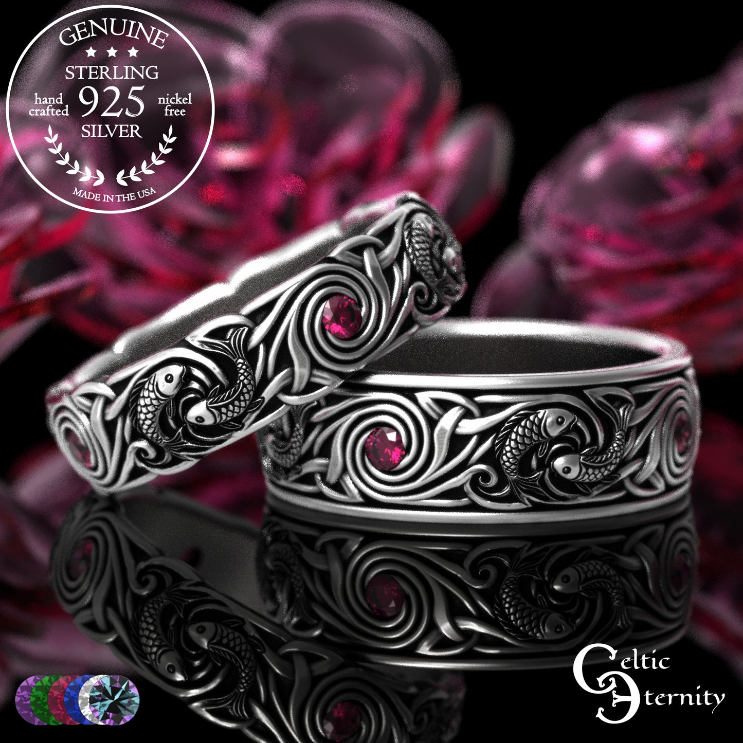 Sterling Koi Fish Matching Ocean Wedding Band Set - His & Hers with Sapphire, 2098 2103