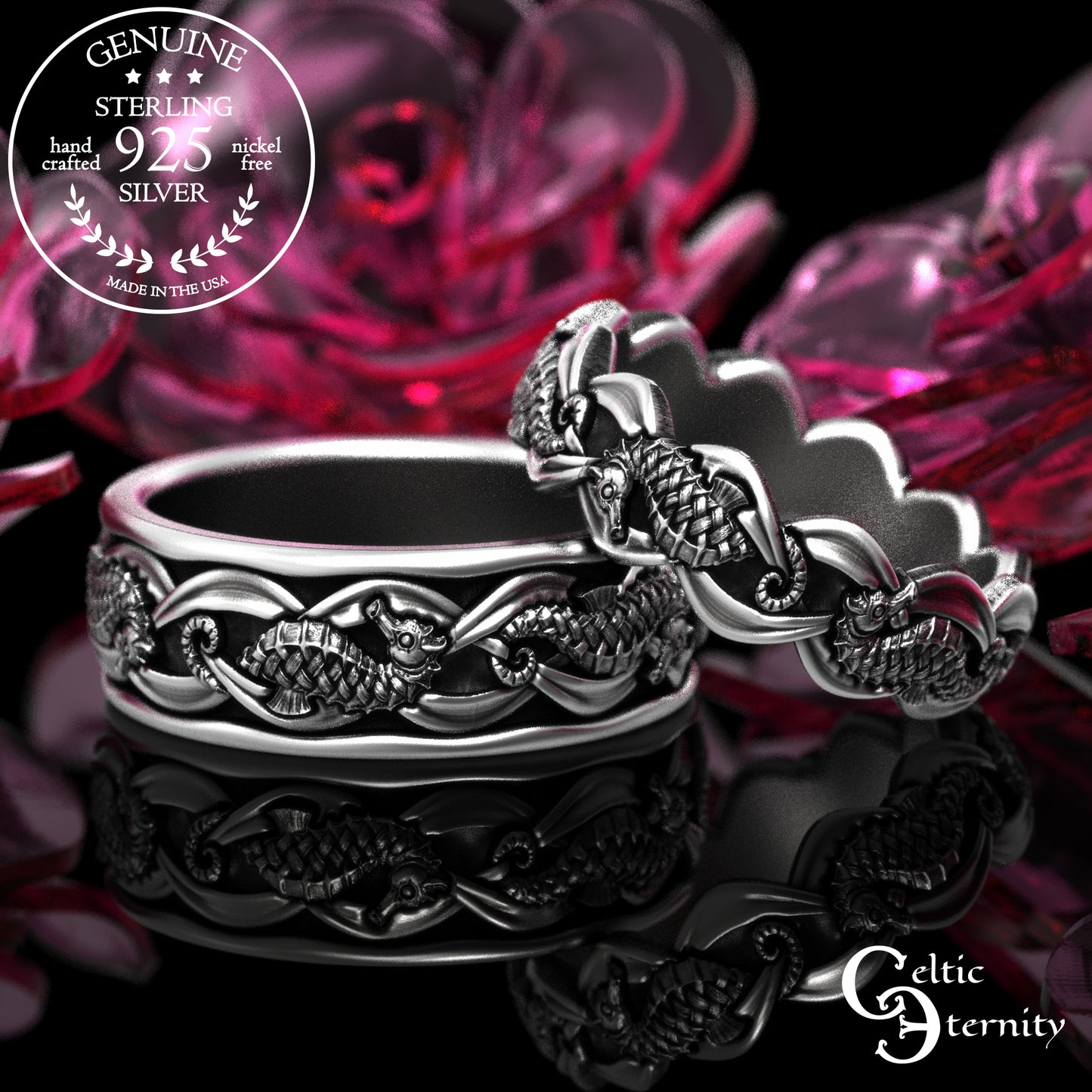 Sterling His Hers Seahorse Wedding Band Set, 2100 2101