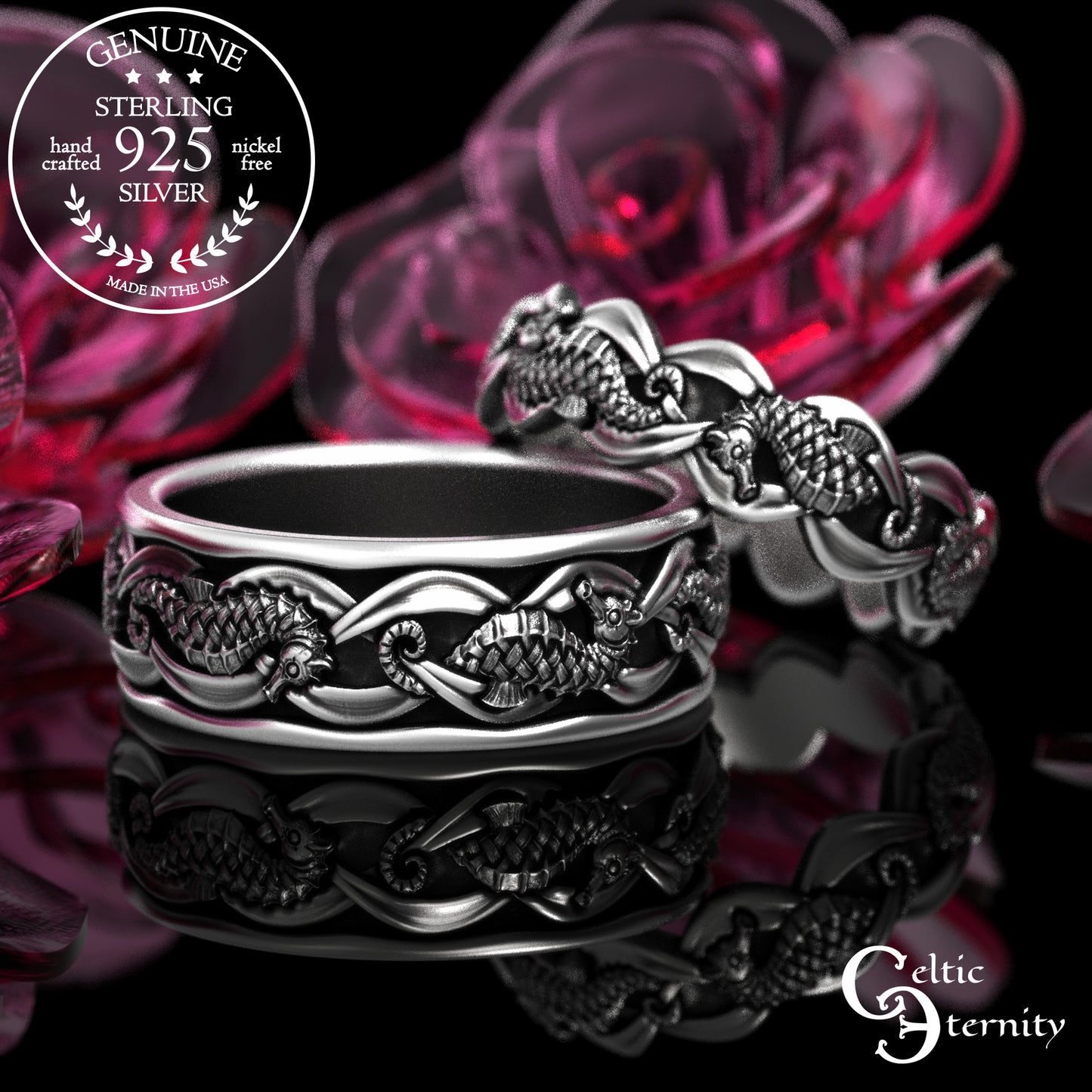 Sterling His Hers Seahorse Wedding Band Set, 2100 2101