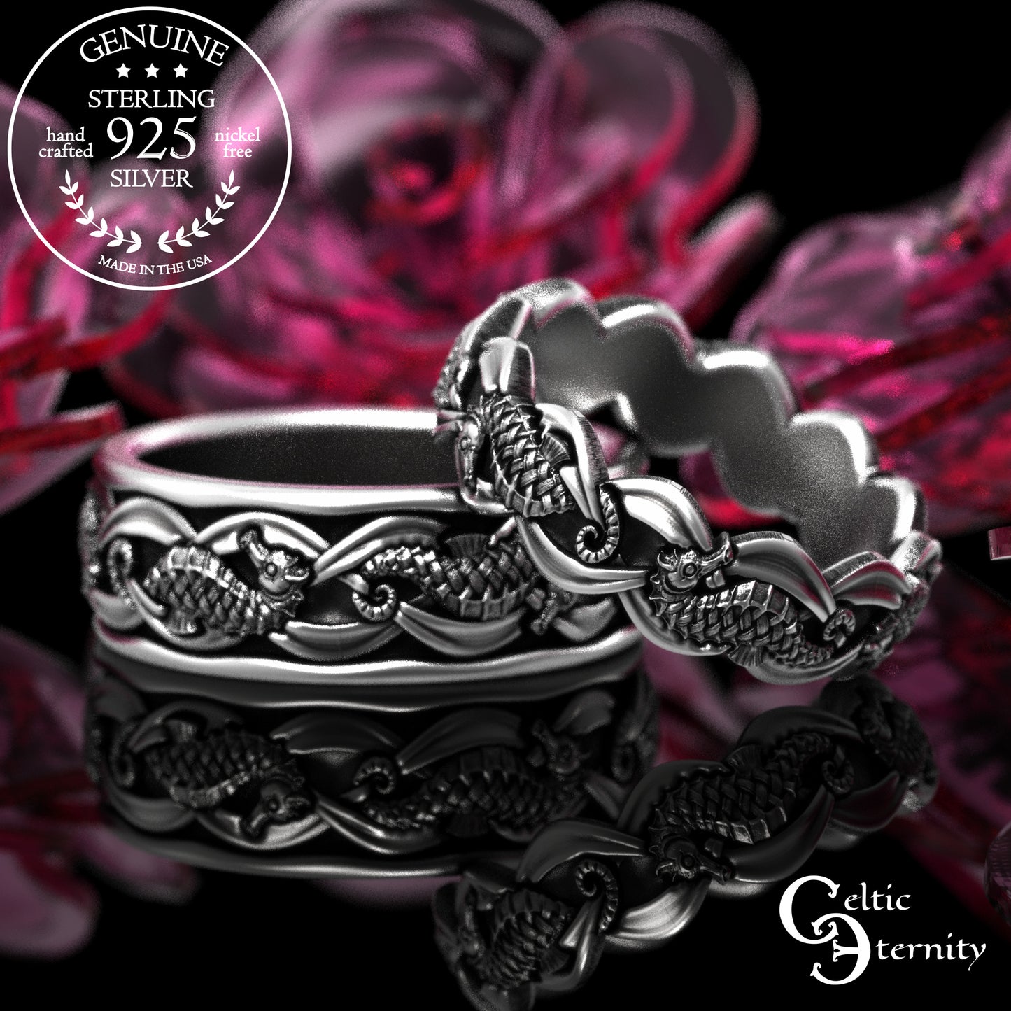 Sterling His Hers Seahorse Wedding Band Set, 2100 2101