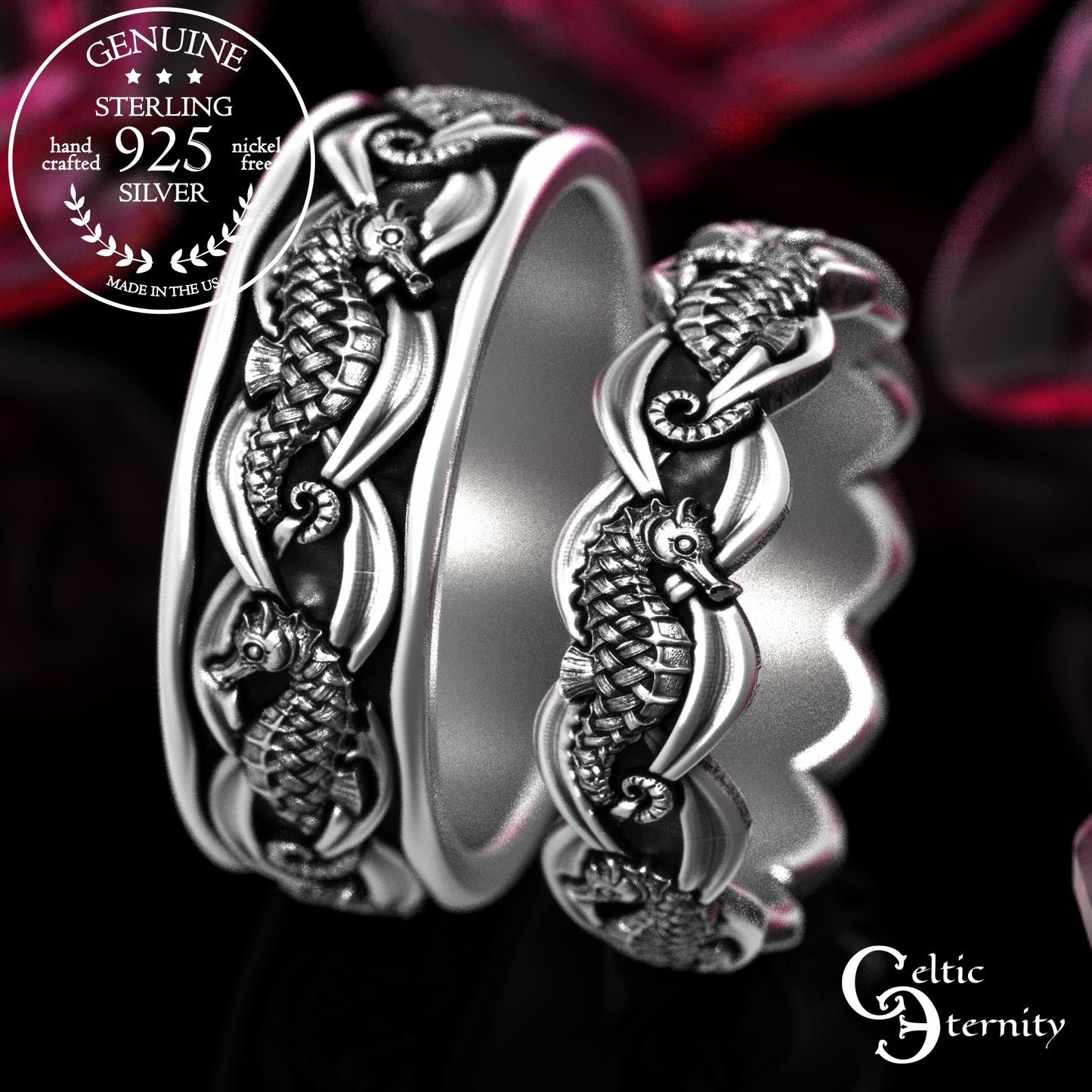 Sterling His Hers Seahorse Wedding Band Set, 2100 2101