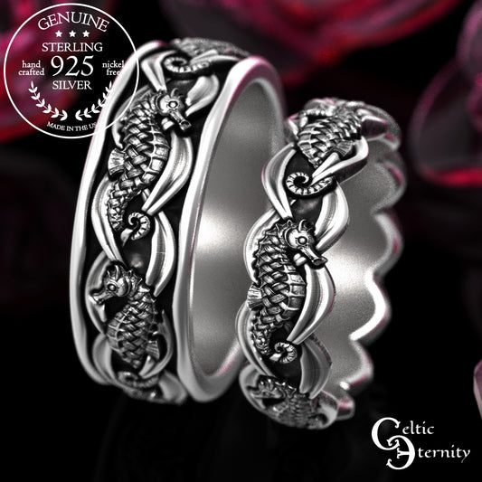 Sterling His Hers Seahorse Wedding Band Set, 2100 2101