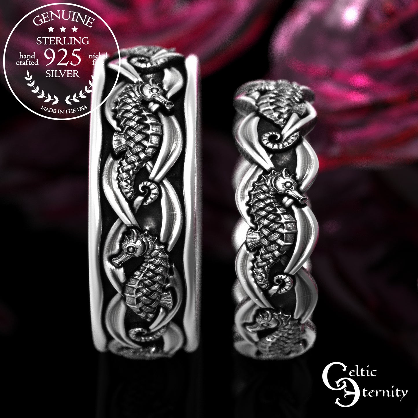 Sterling His Hers Seahorse Wedding Band Set, 2100 2101