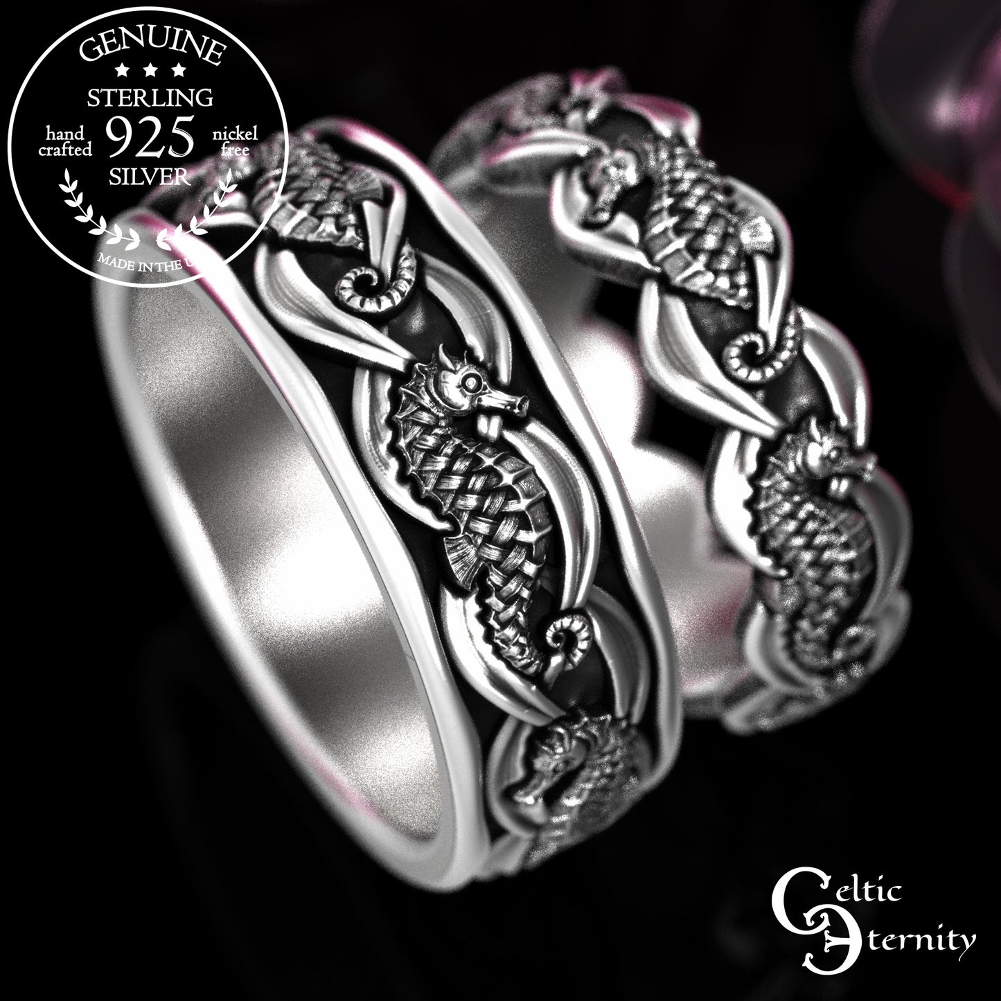Sterling His Hers Seahorse Wedding Band Set, 2100 2101