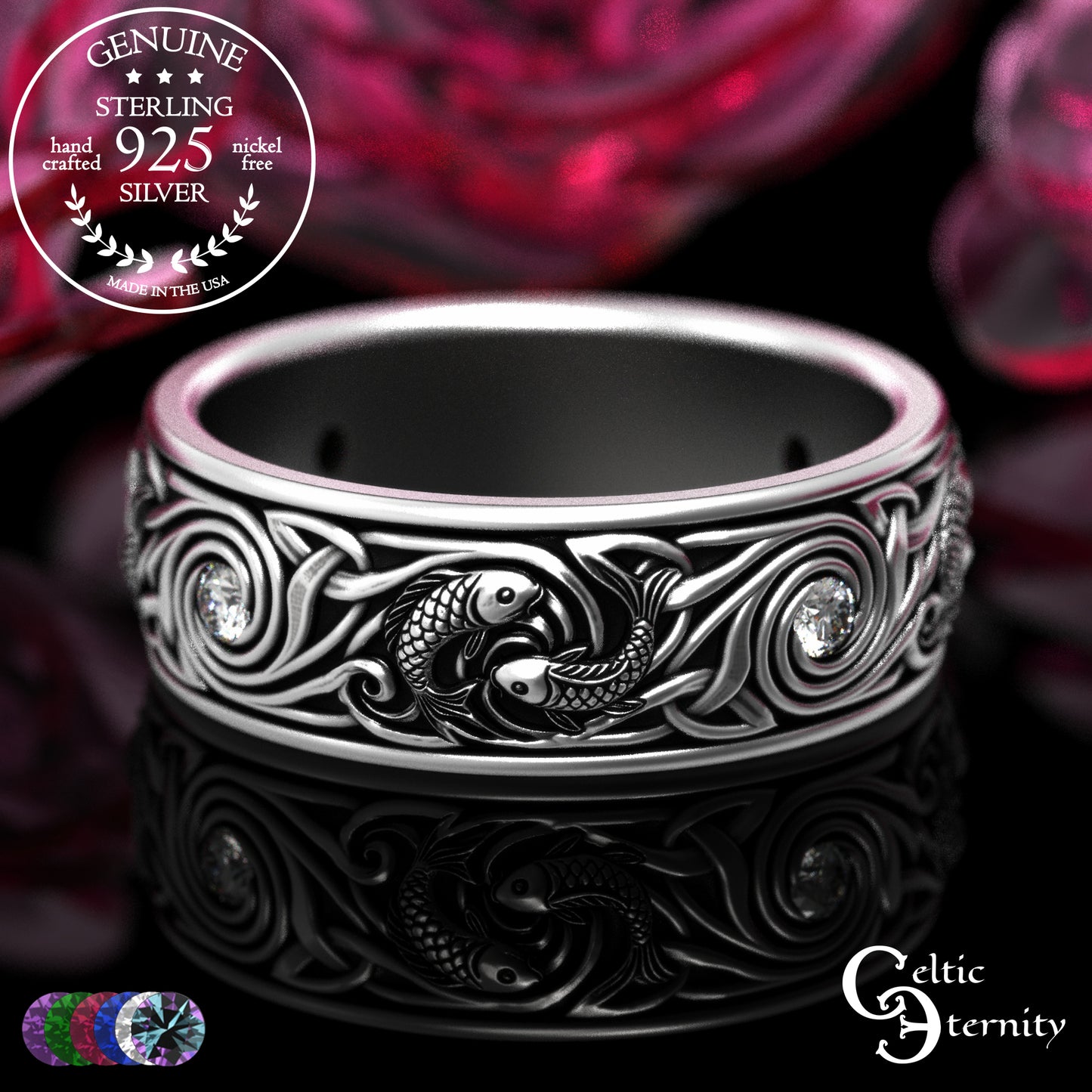 Sterling Silver Men's Koi Fish Wedding Band with Sapphires, 2103