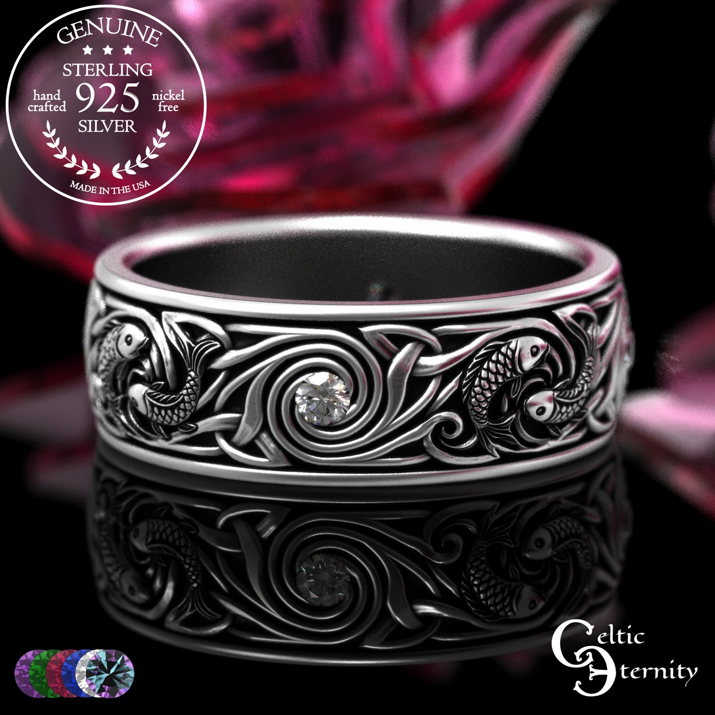 Sterling Silver Men's Koi Fish Wedding Band with Sapphires, 2103