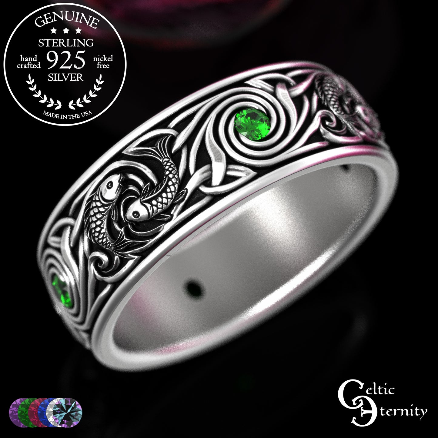 Sterling Silver Men's Koi Fish Wedding Band with Sapphires, 2103