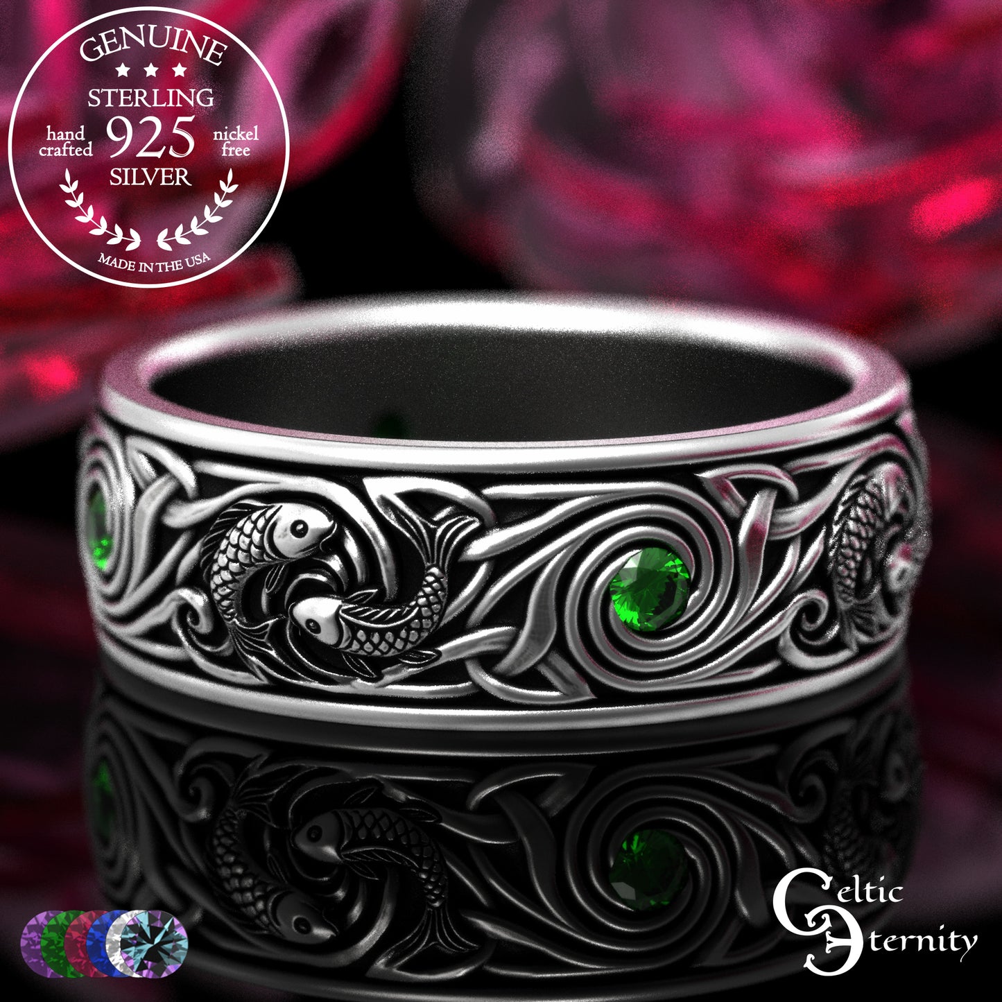 Sterling Silver Men's Koi Fish Wedding Band with Sapphires, 2103