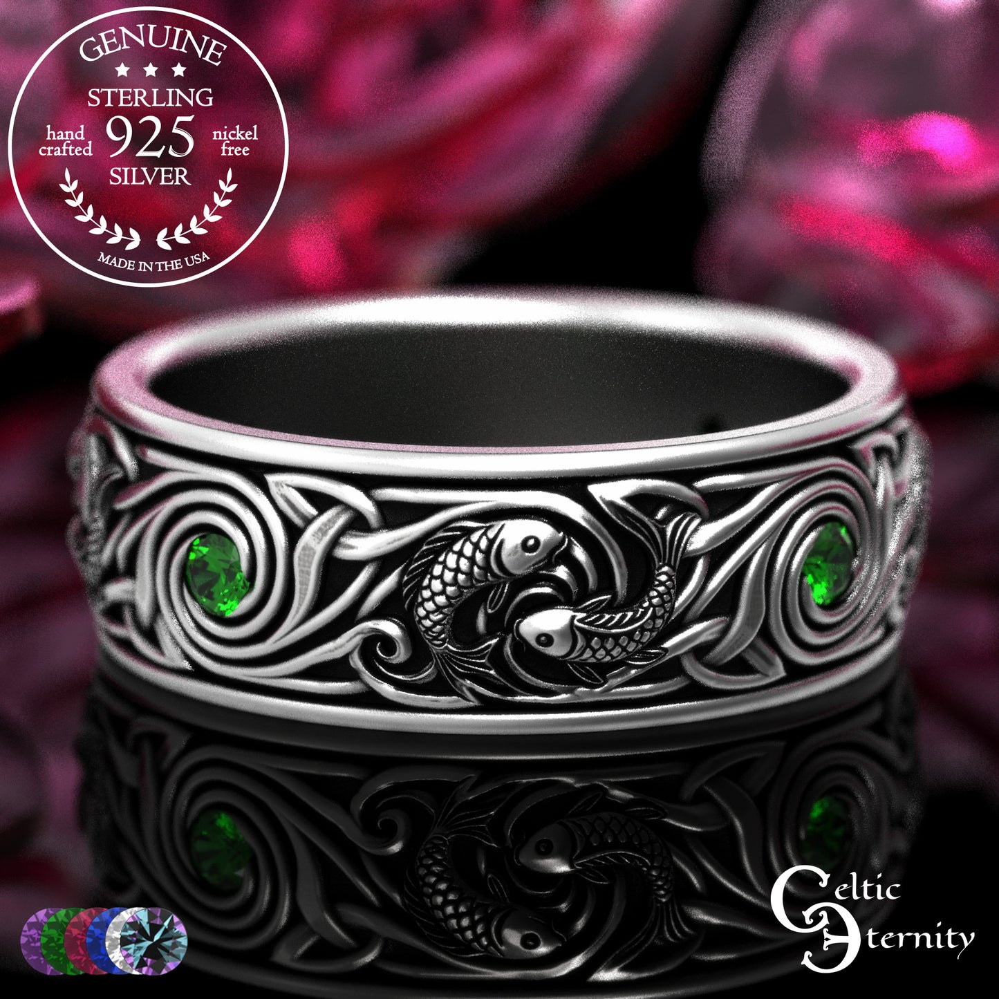 Sterling Silver Men's Koi Fish Wedding Band with Sapphires, 2103
