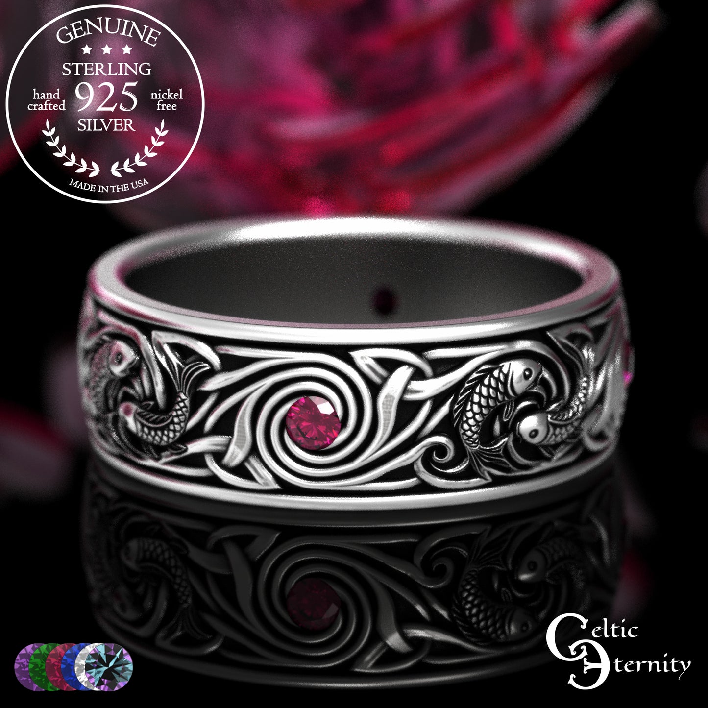 Sterling Silver Men's Koi Fish Wedding Band with Sapphires, 2103