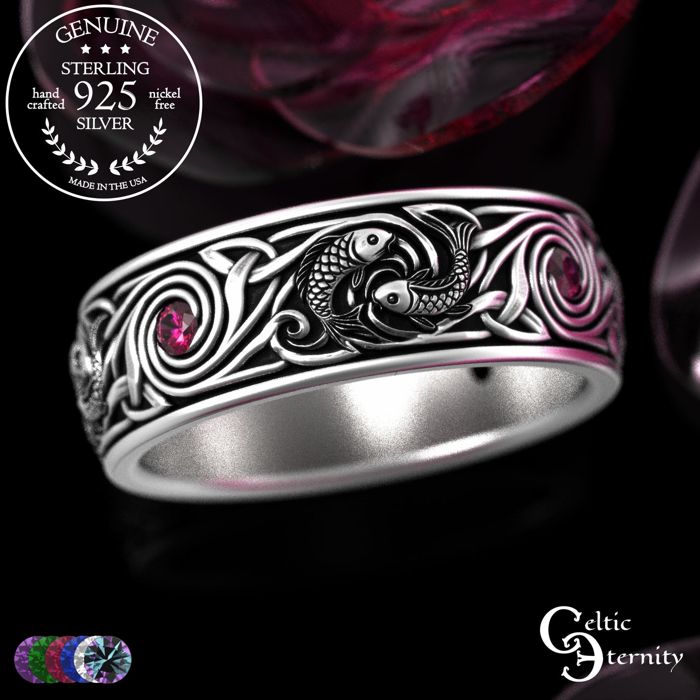 Sterling Silver Men's Koi Fish Wedding Band with Sapphires, 2103