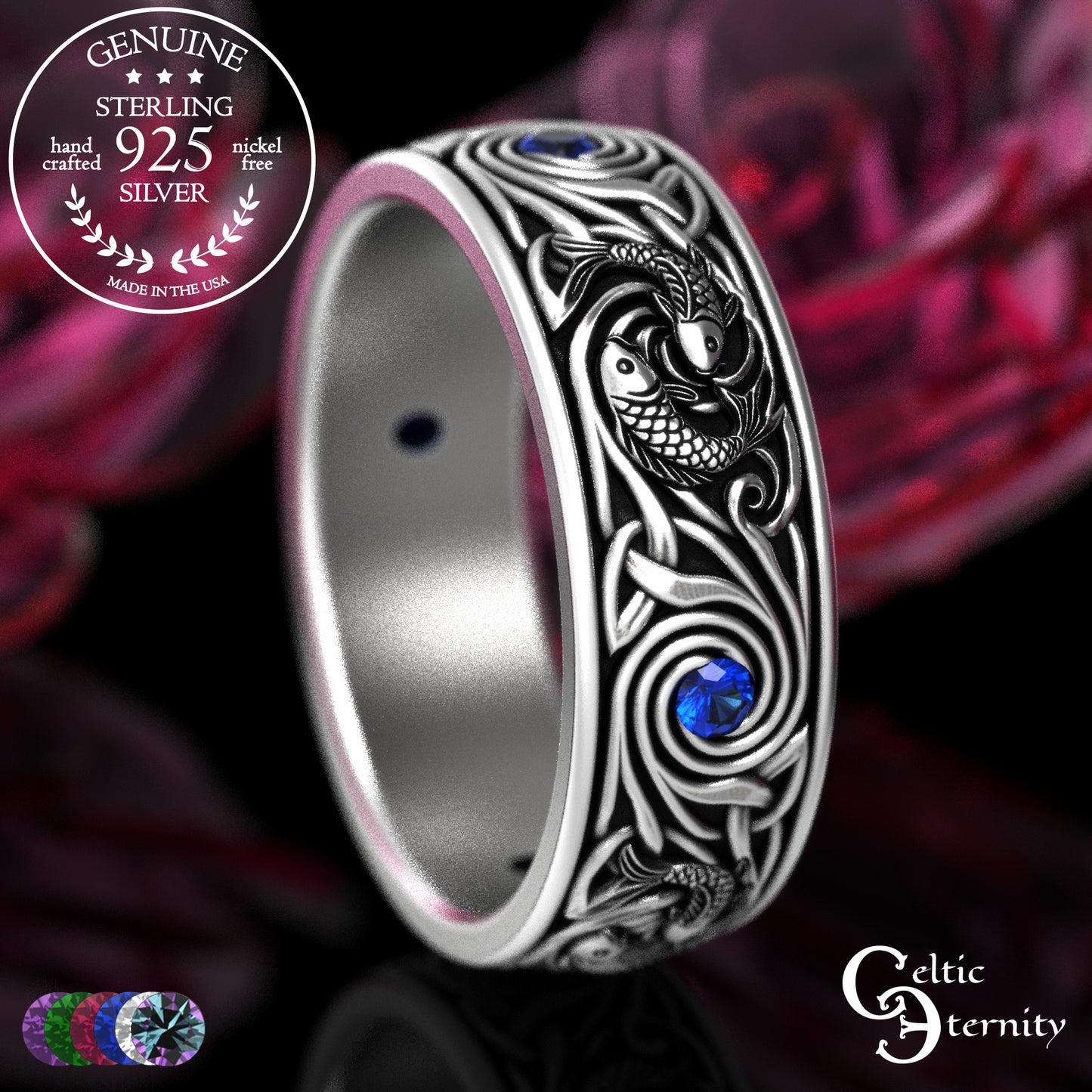 Sterling Silver Men's Koi Fish Wedding Band with Sapphires, 2103