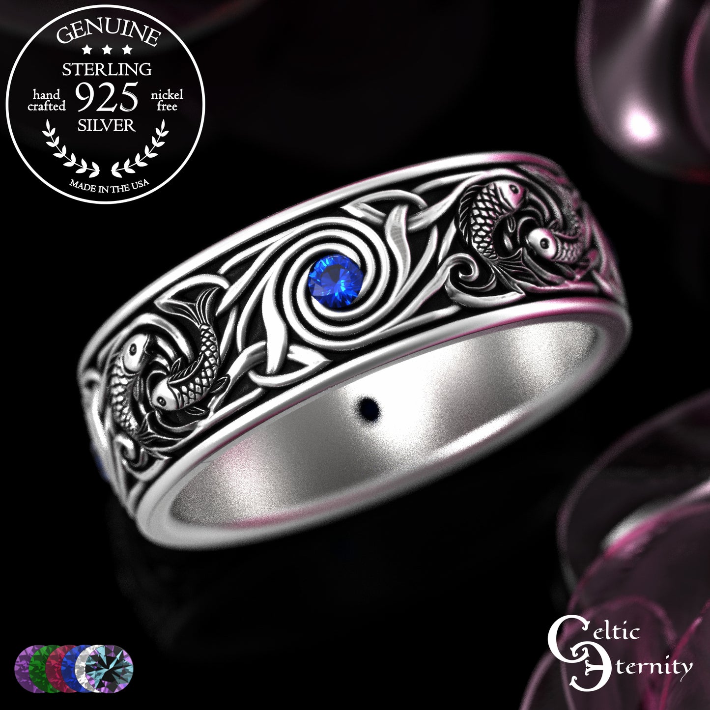 Sterling Silver Men's Koi Fish Wedding Band with Sapphires, 2103