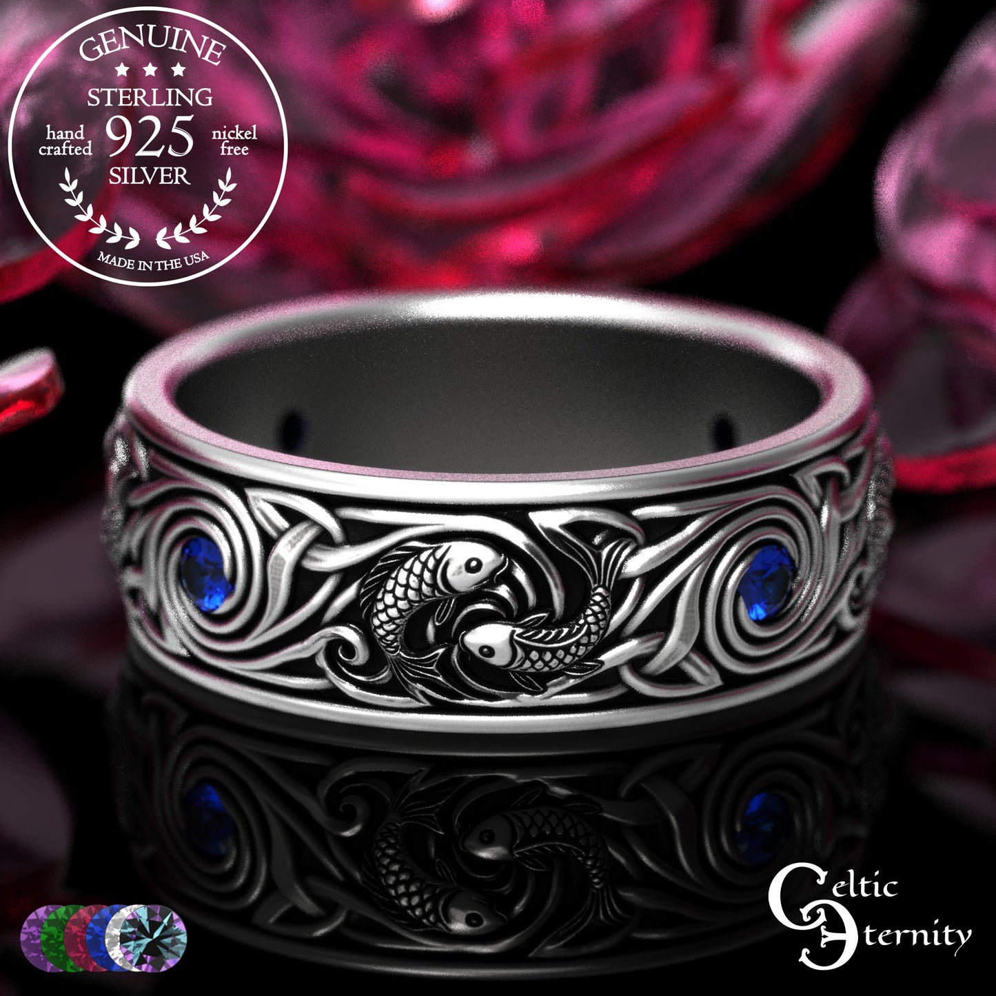 Sterling Silver Men's Koi Fish Wedding Band with Sapphires, 2103