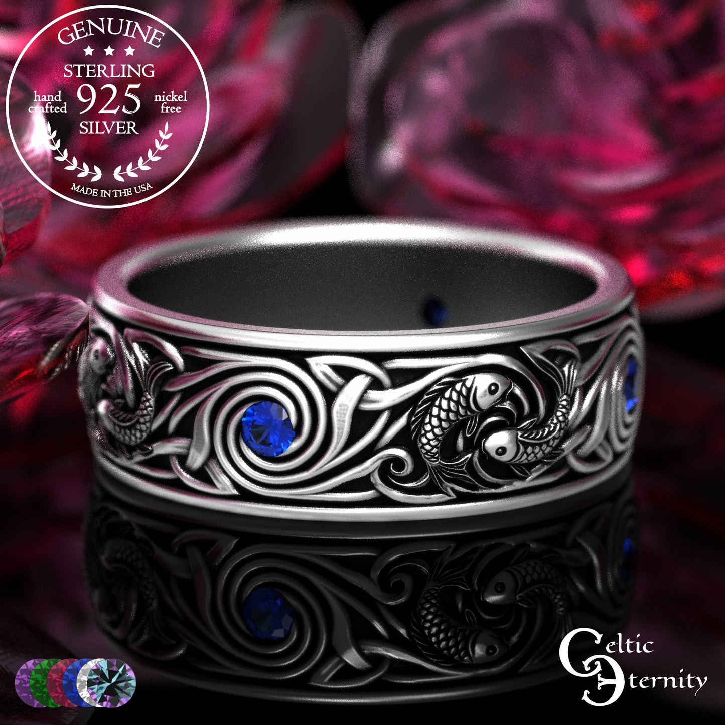 Sterling Silver Men's Koi Fish Wedding Band with Sapphires, 2103
