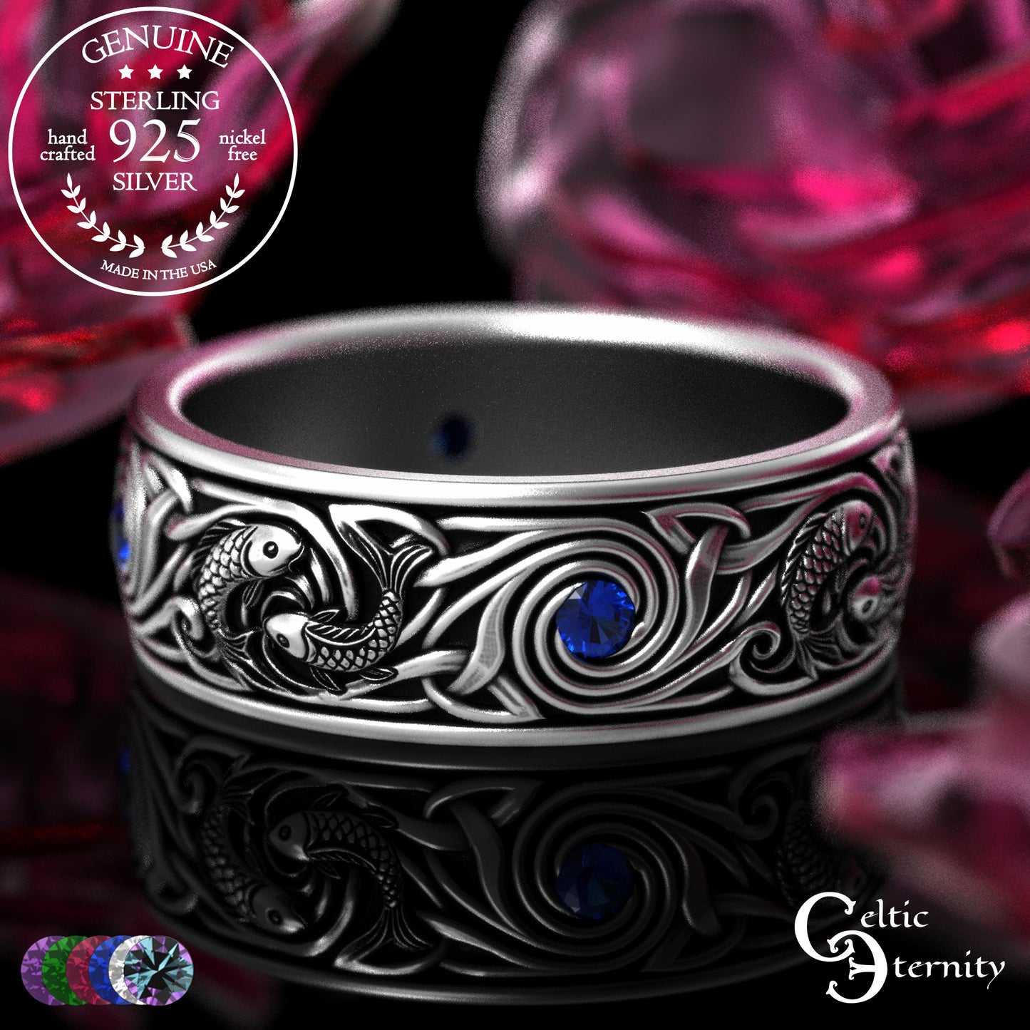 Sterling Silver Men's Koi Fish Wedding Band with Sapphires, 2103