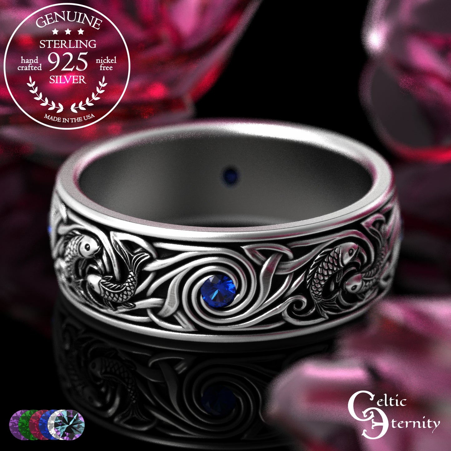 Sterling Silver Men's Koi Fish Wedding Band with Sapphires, 2103