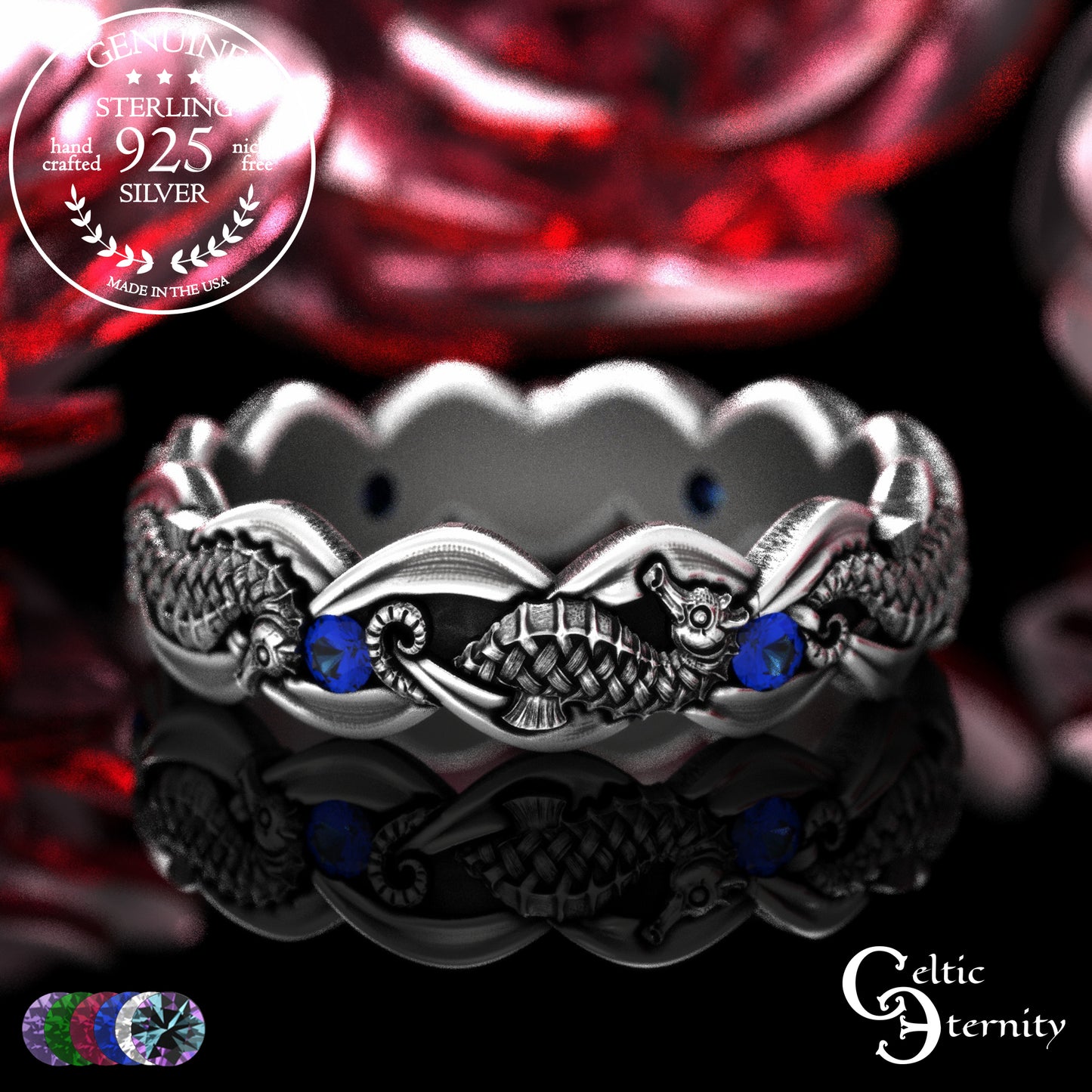 Woman's Sterling Seahorse Wedding Band with Sapphires, 2104