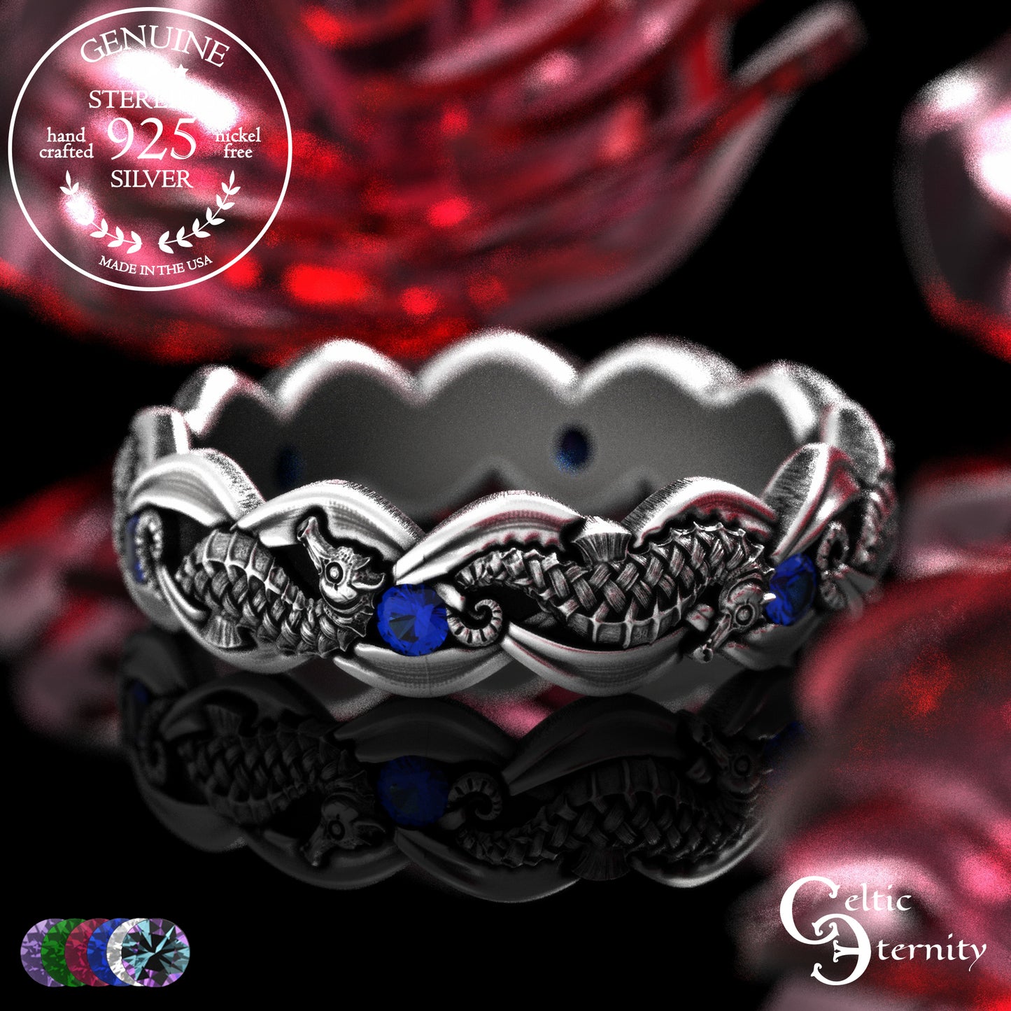 Woman's Sterling Seahorse Wedding Band with Sapphires, 2104