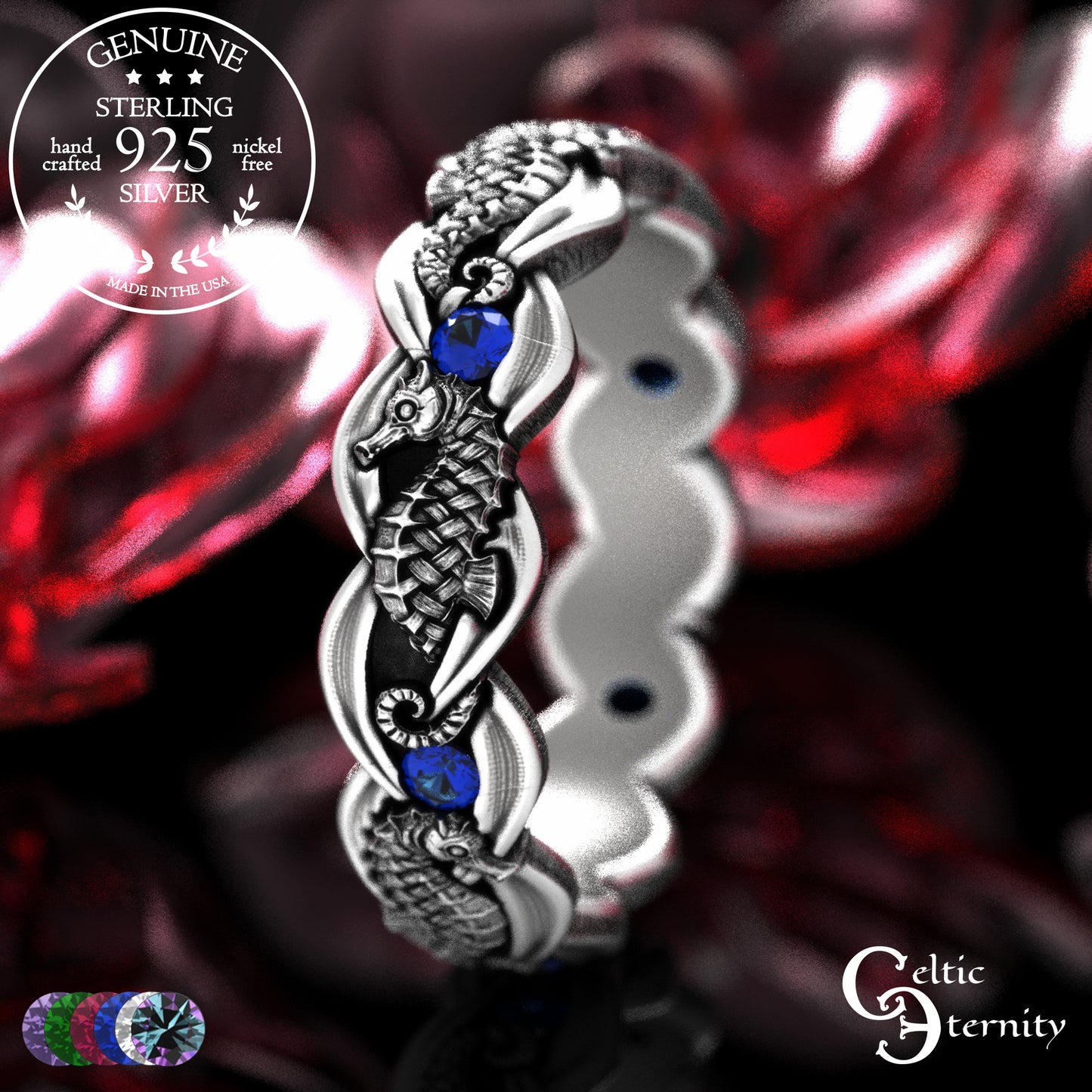 Woman's Sterling Seahorse Wedding Band with Sapphires, 2104