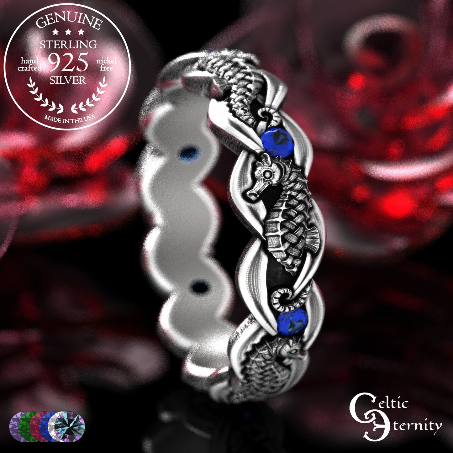 Woman's Sterling Seahorse Wedding Band with Sapphires, 2104