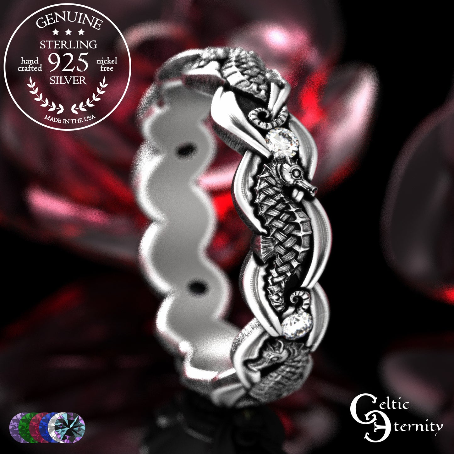 Woman's Sterling Seahorse Wedding Band with Sapphires, 2104