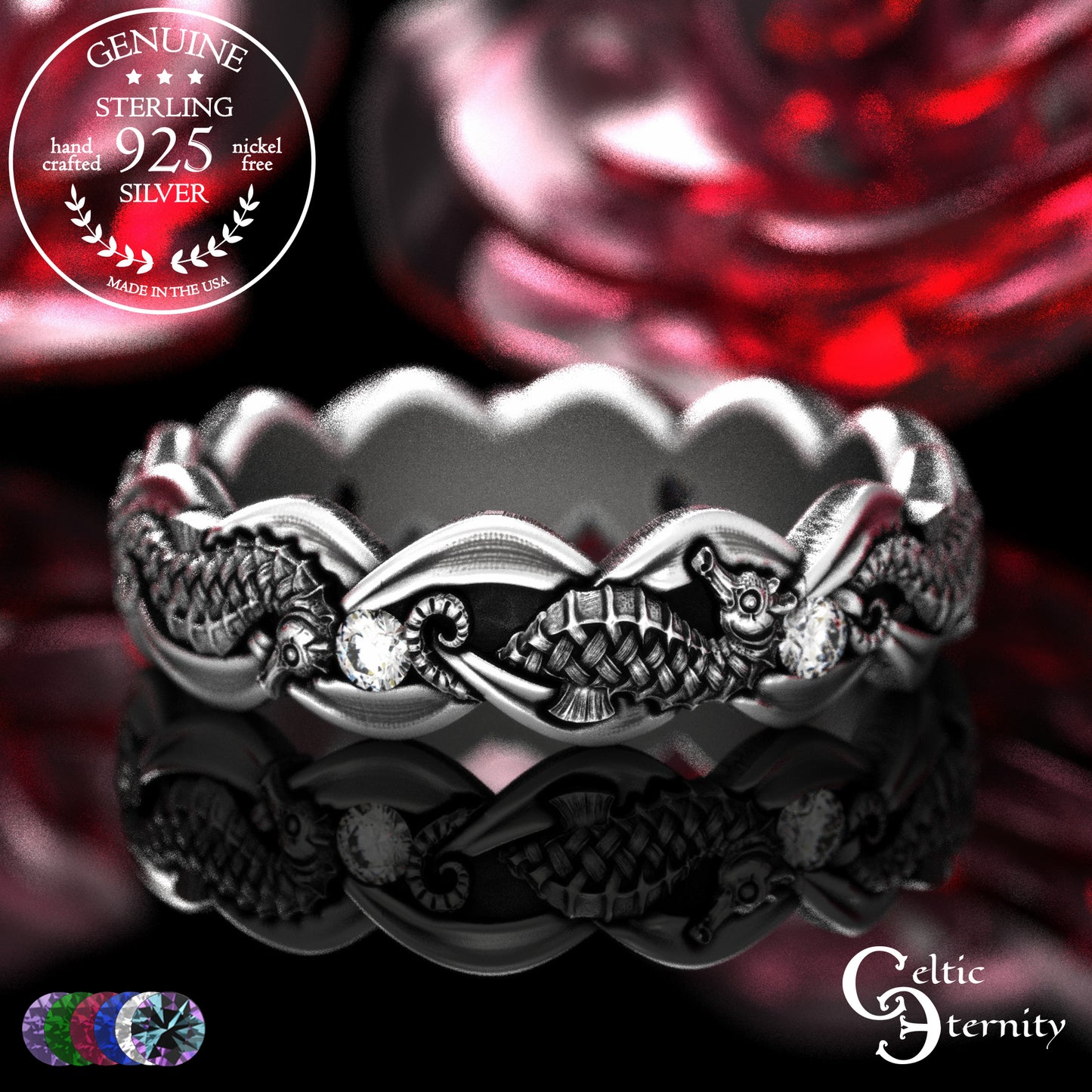 Woman's Sterling Seahorse Wedding Band with Sapphires, 2104