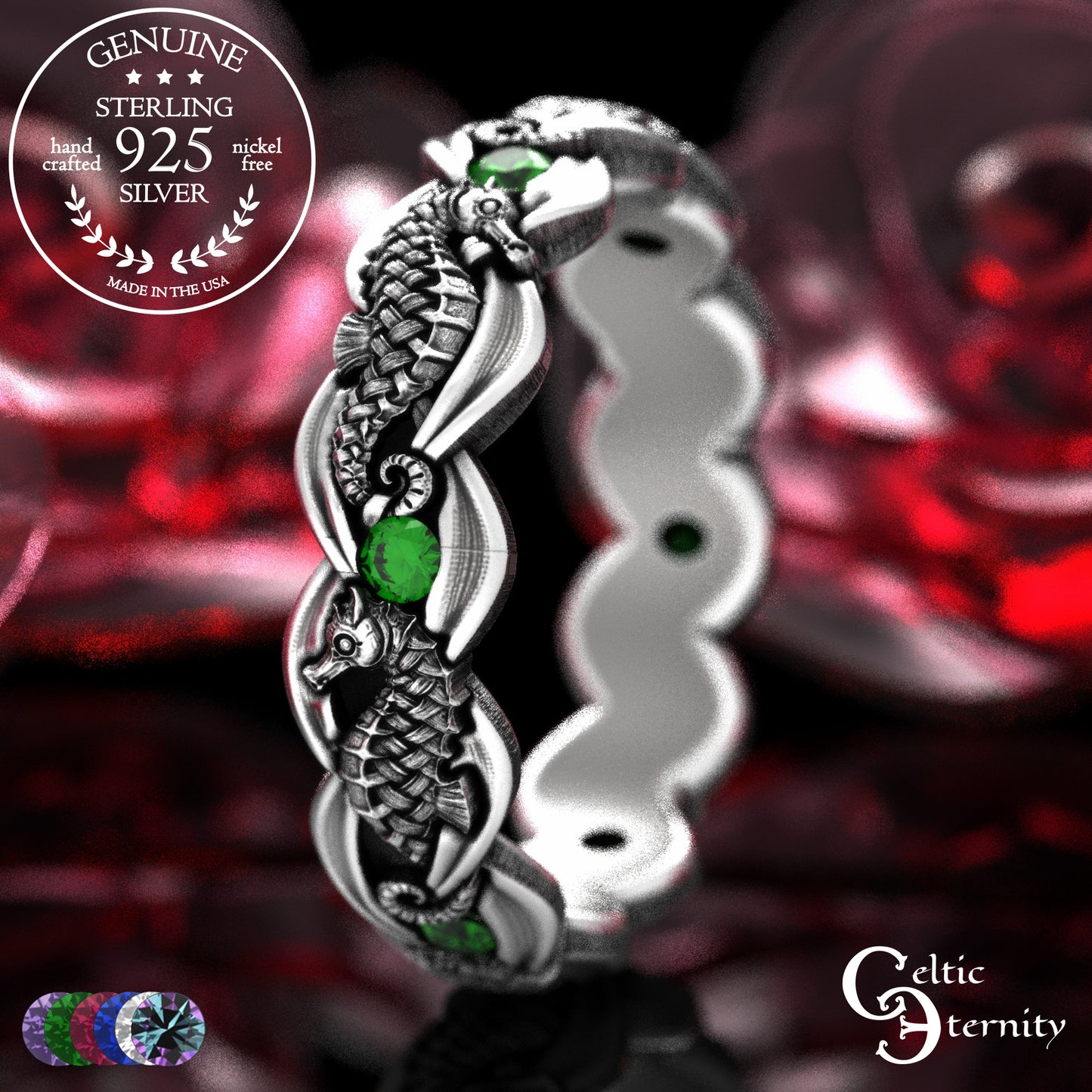 Woman's Sterling Seahorse Wedding Band with Sapphires, 2104
