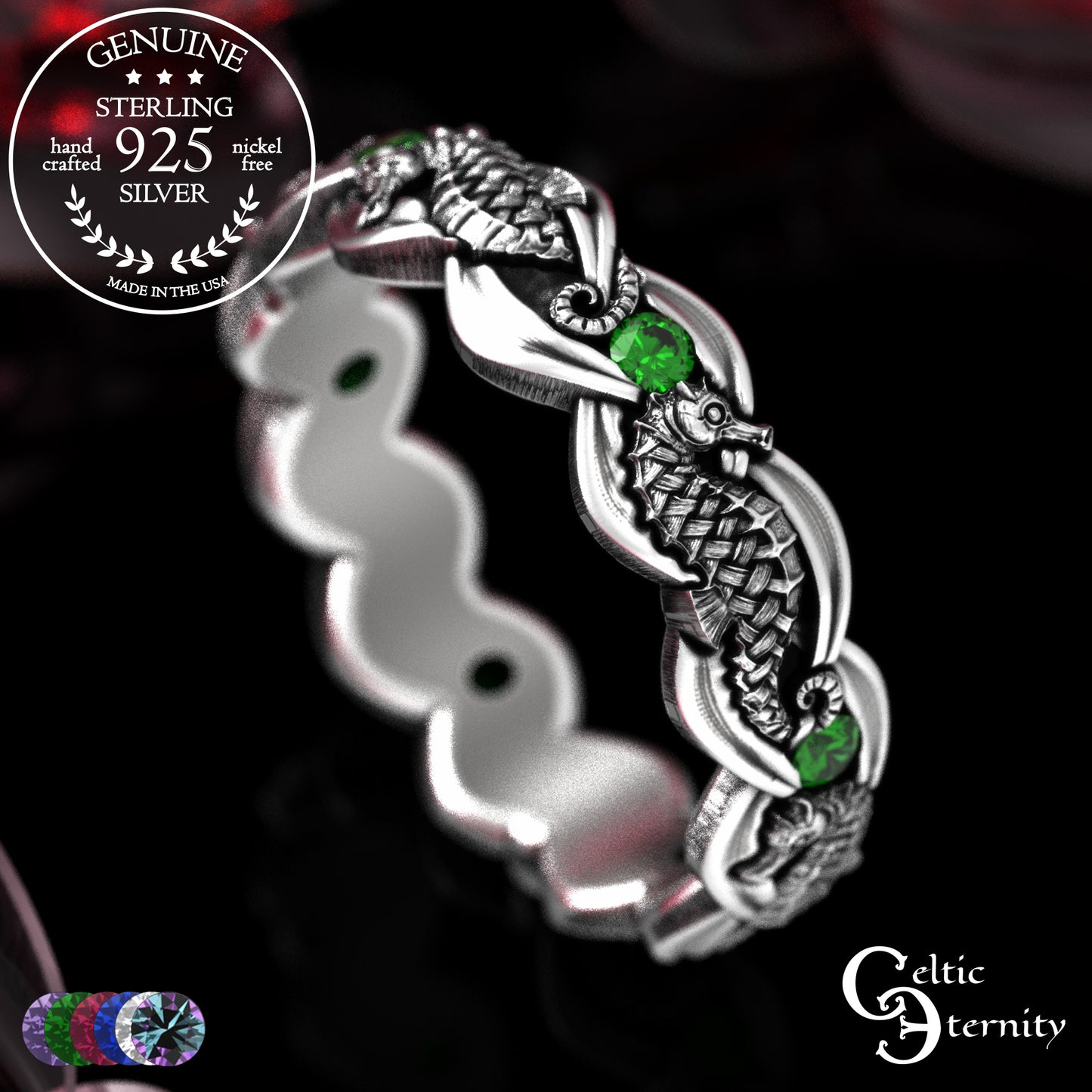 Woman's Sterling Seahorse Wedding Band with Sapphires, 2104