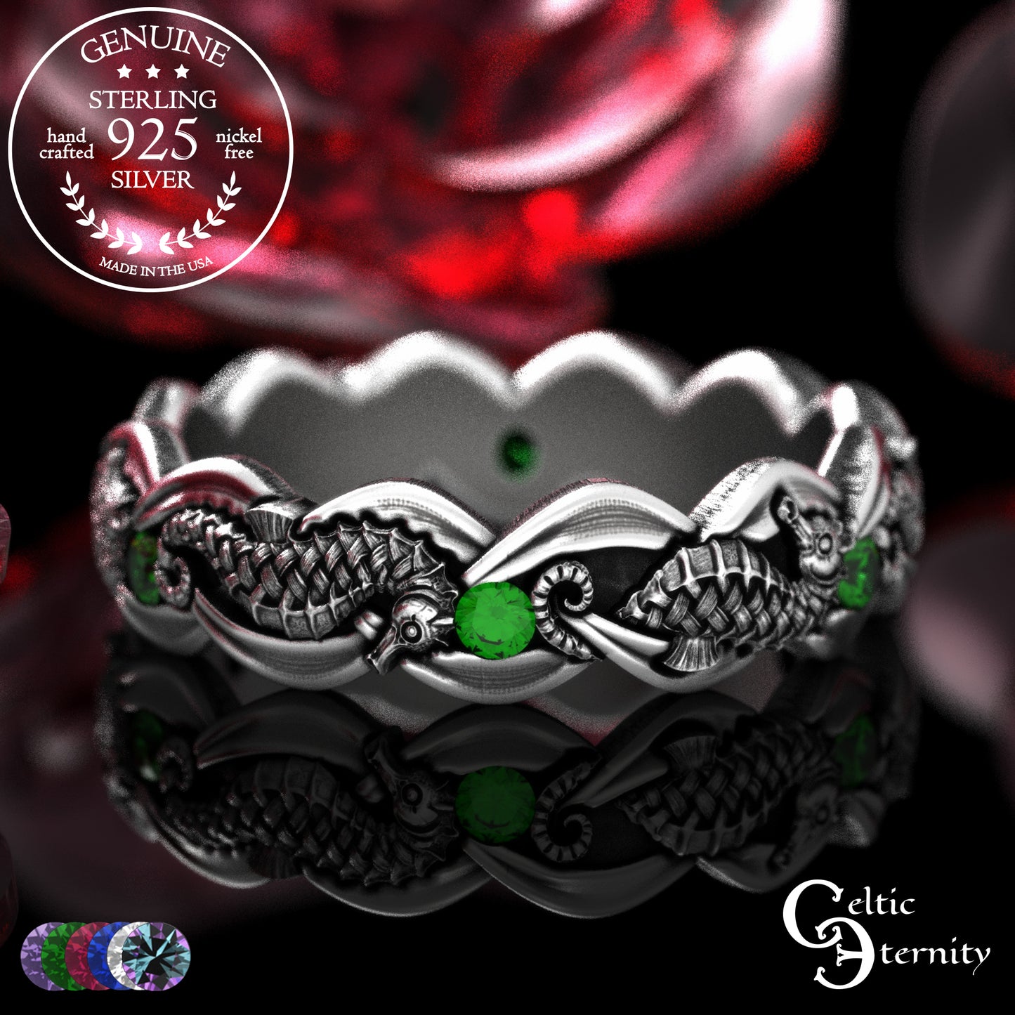 Woman's Sterling Seahorse Wedding Band with Sapphires, 2104